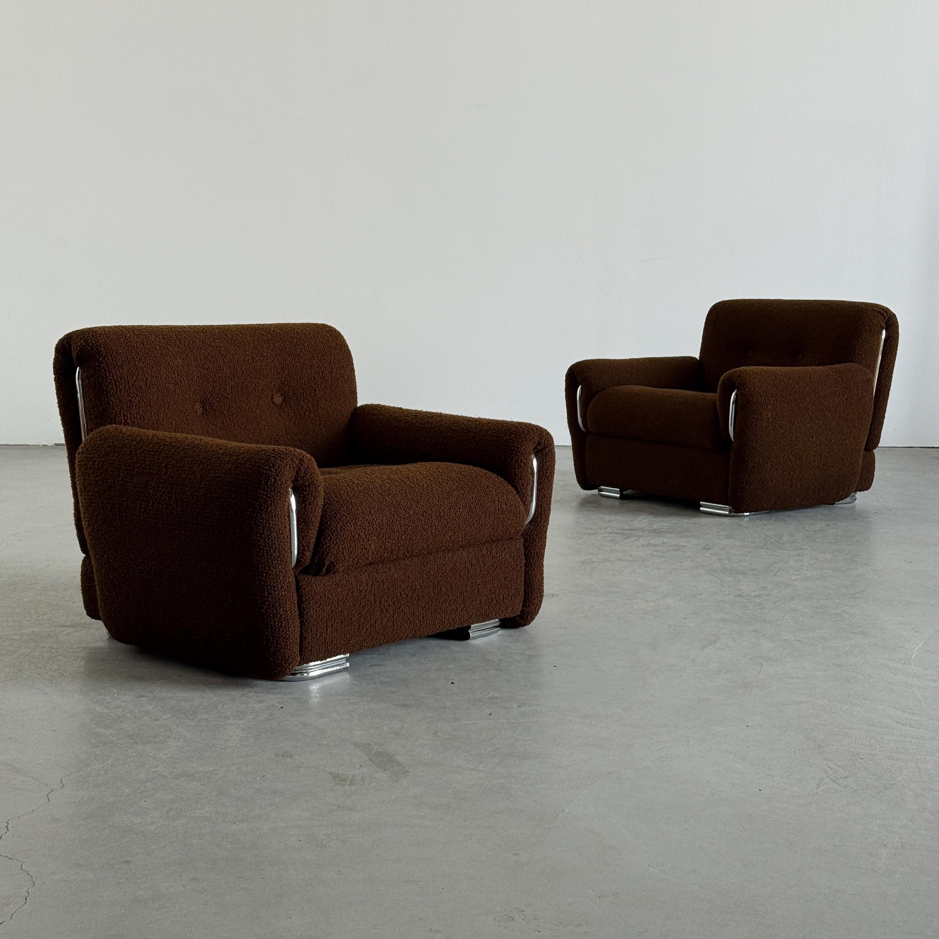 Lounge Chairs in Brown Boucle with Chrome Accents