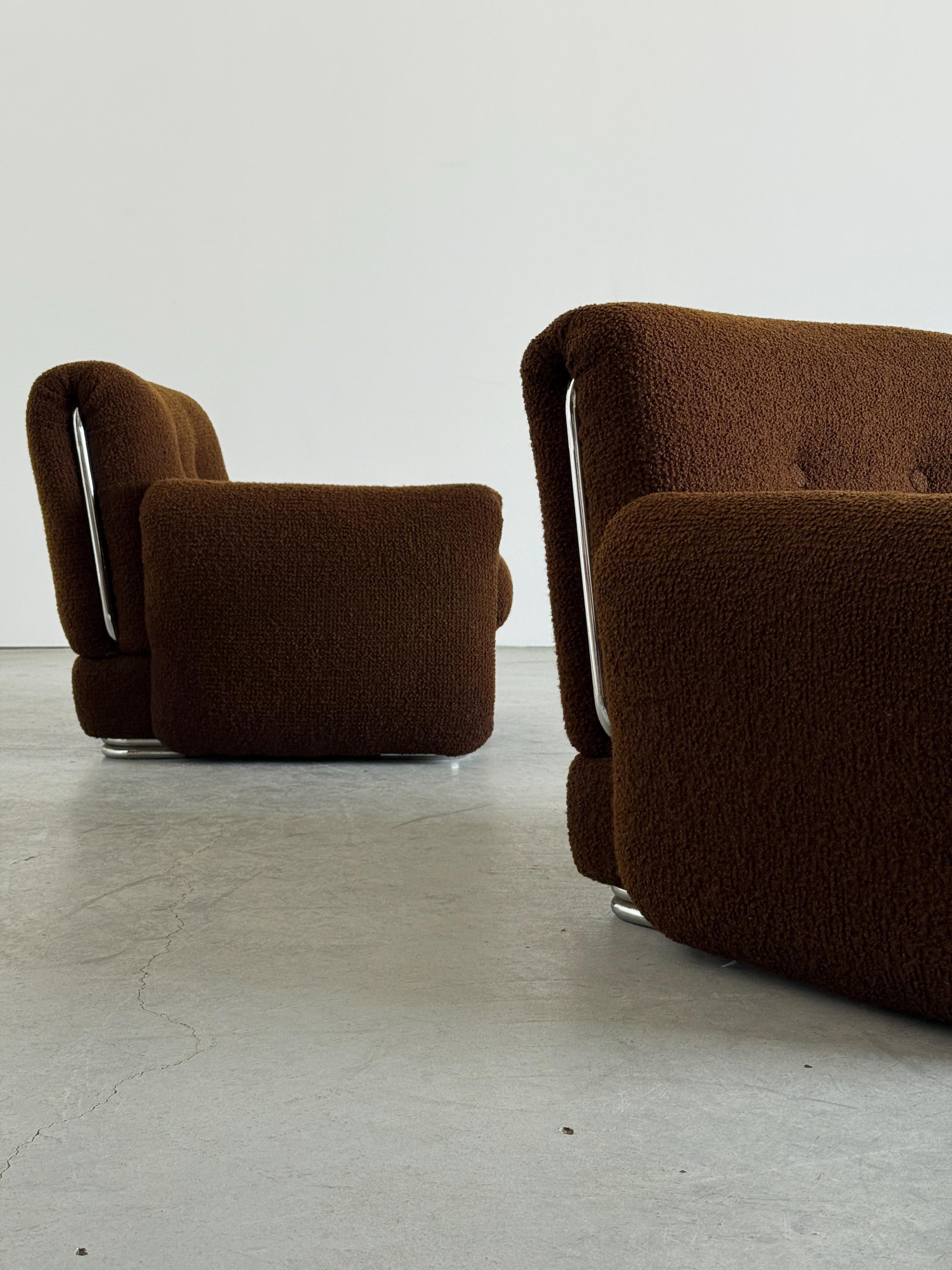 Lounge Chairs in Brown Boucle with Chrome Accents