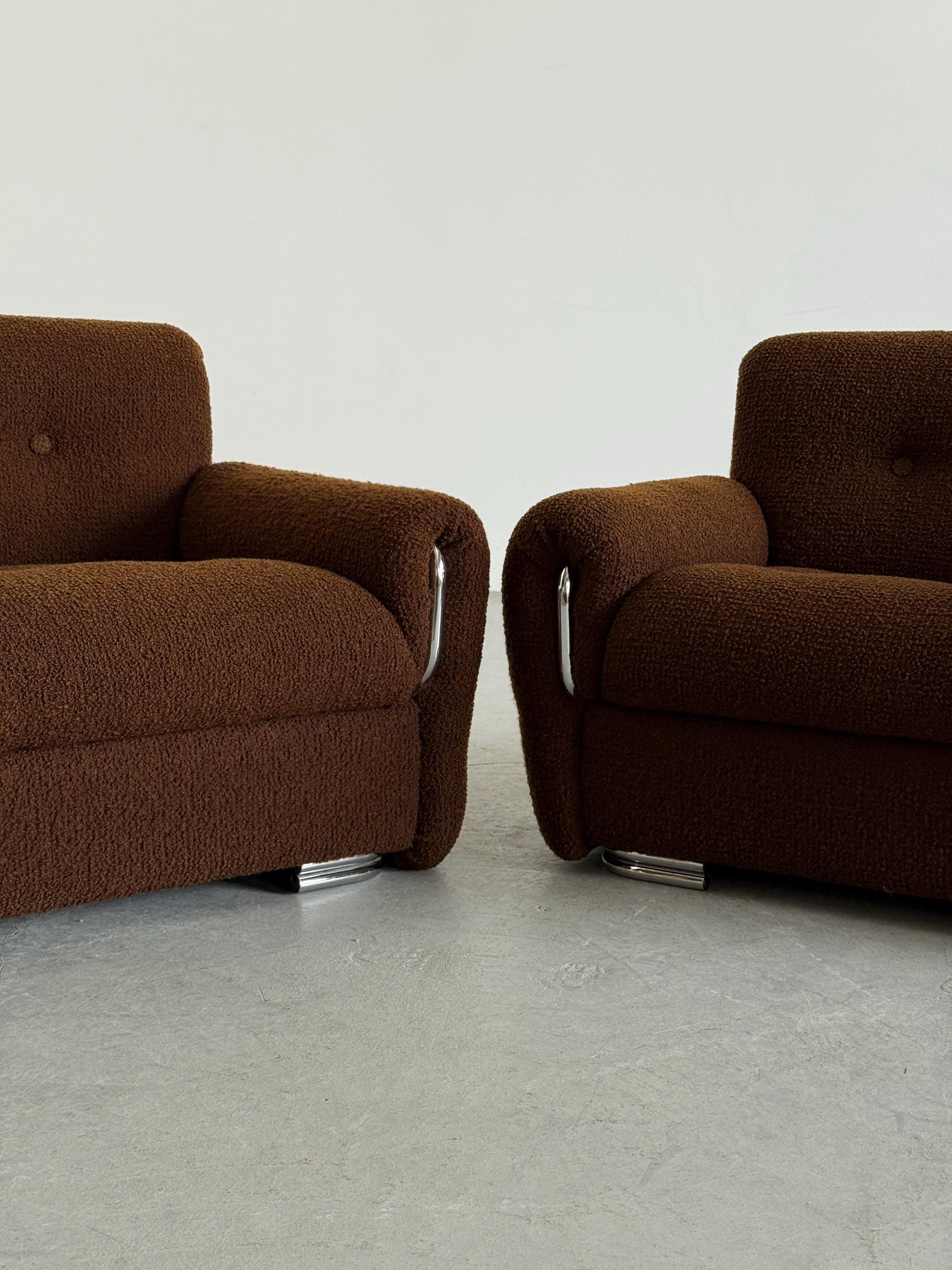 Lounge Chairs in Brown Boucle with Chrome Accents