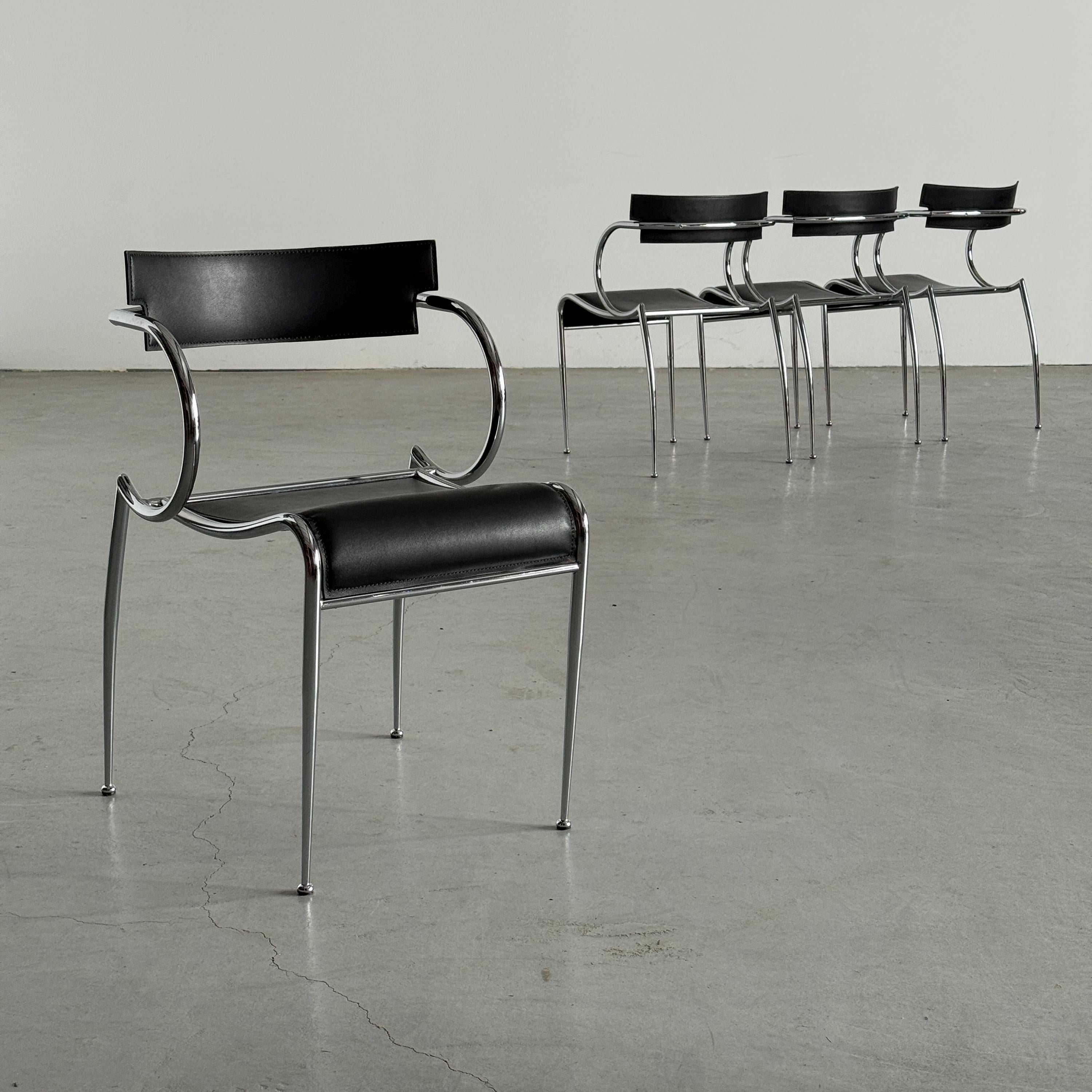 Curved Chrome and Black Leather Dining Chairs