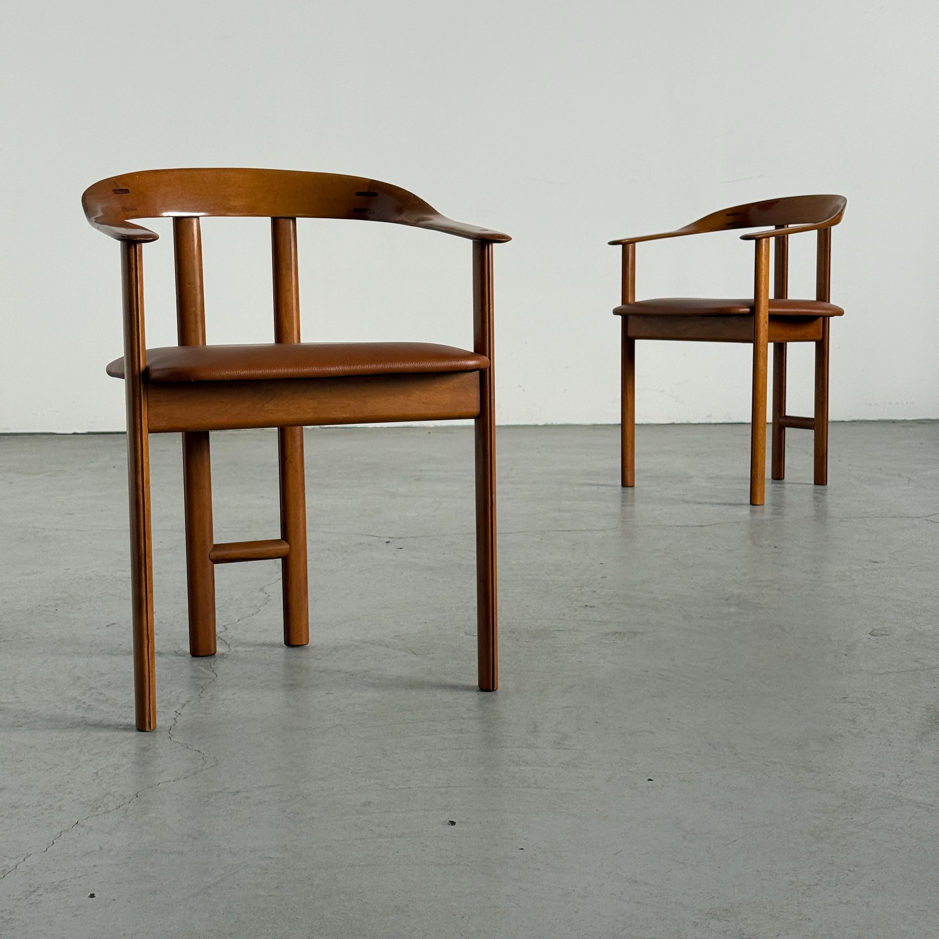 Danish Postmodern Wood and Leather Armchairs
