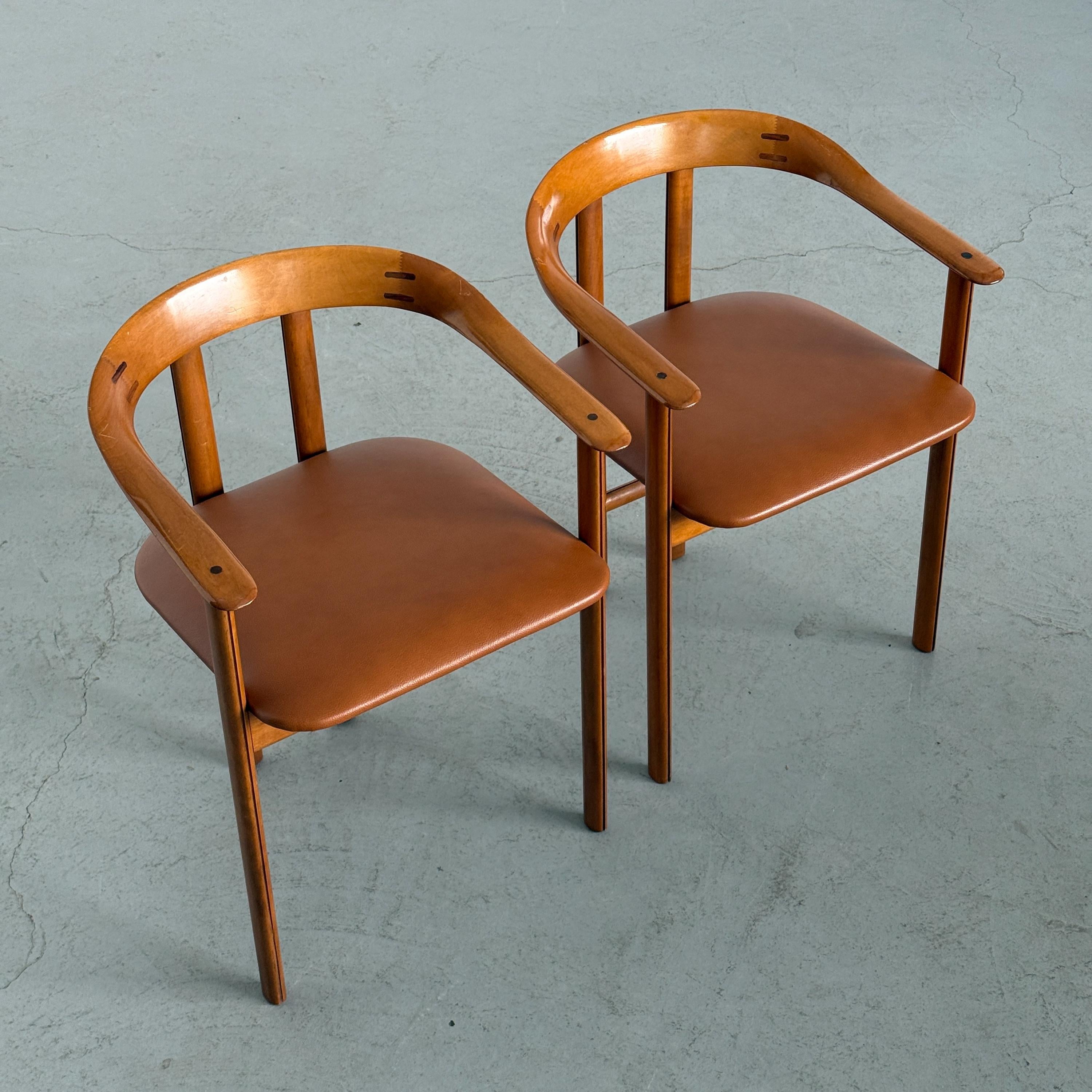 Danish Postmodern Wood and Leather Armchairs