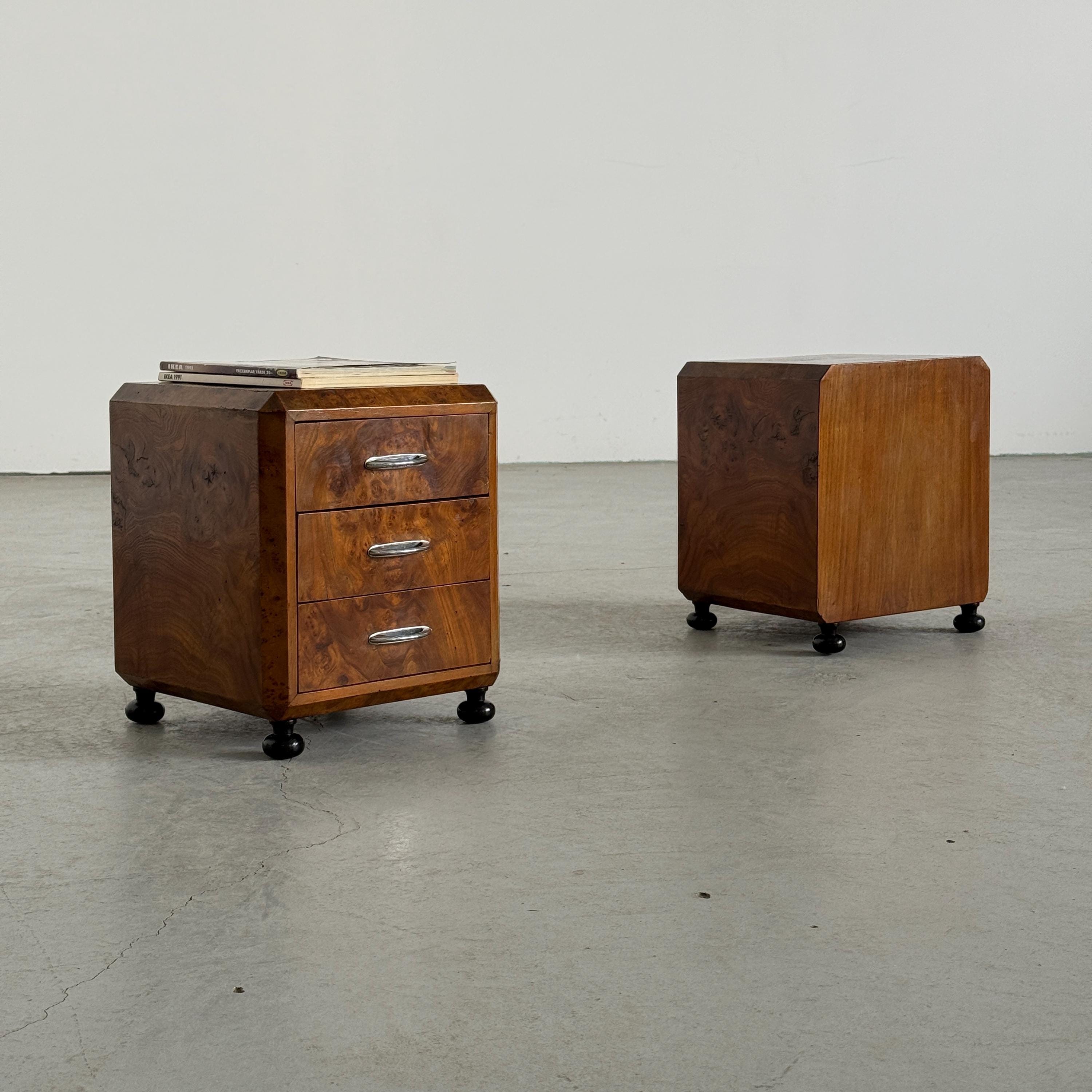 Art Deco Burlwood Walnut Nightstands