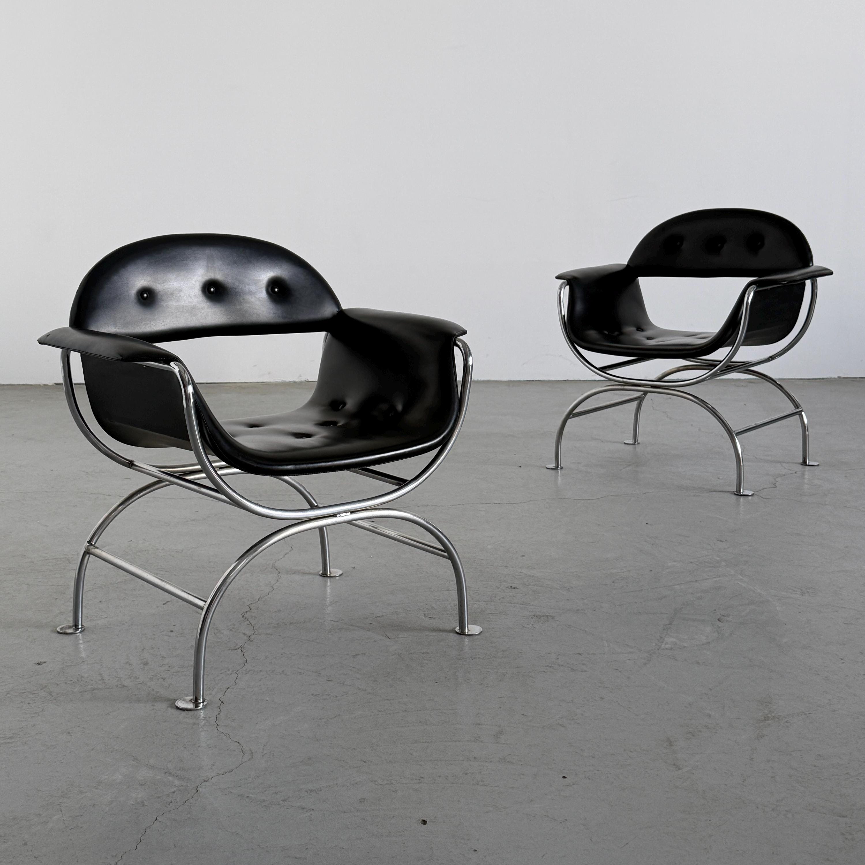 Pair of Postmodern Lounge Chair in Black Faux Leather & Chrome