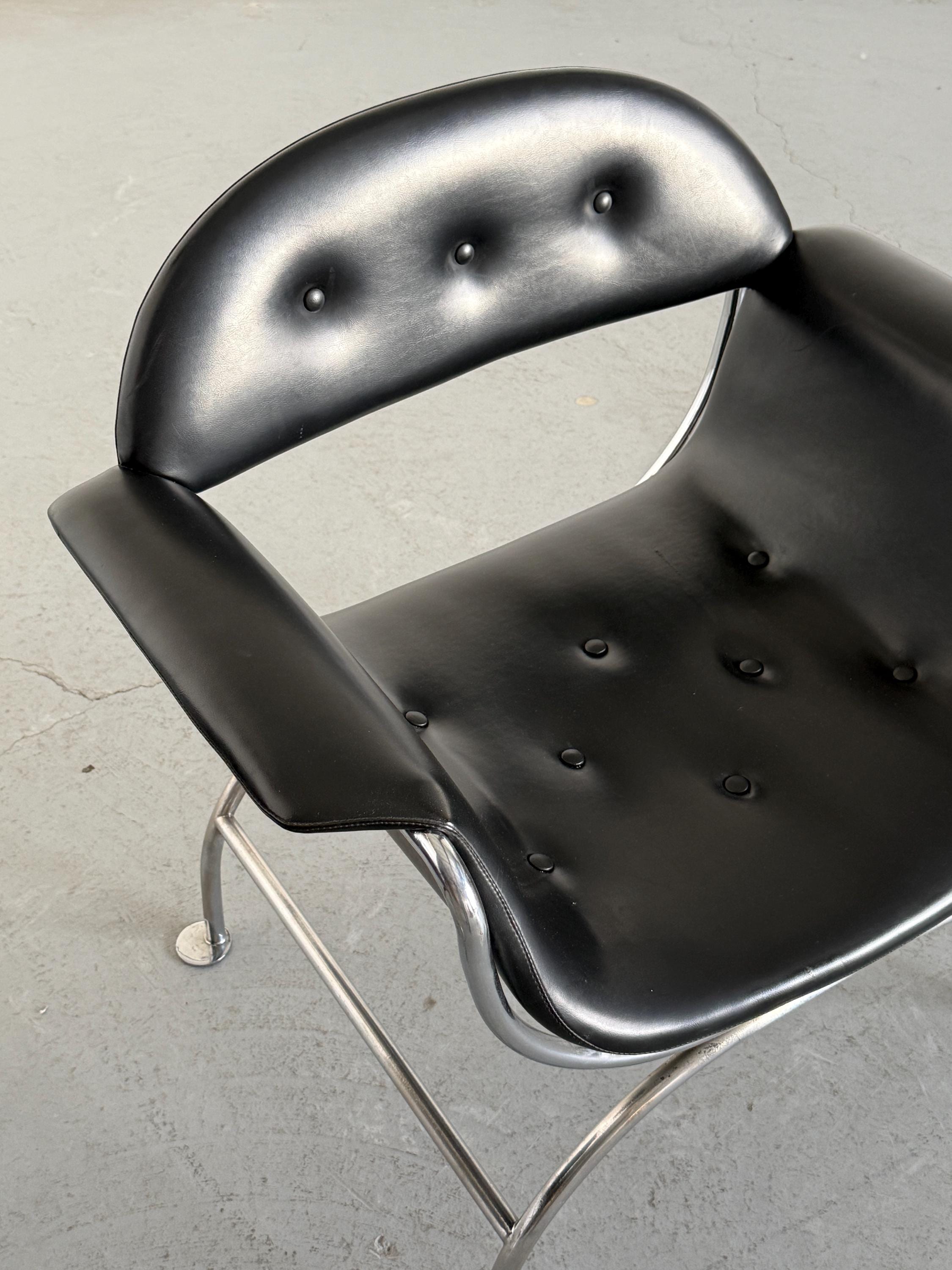Pair of Postmodern Lounge Chair in Black Faux Leather & Chrome