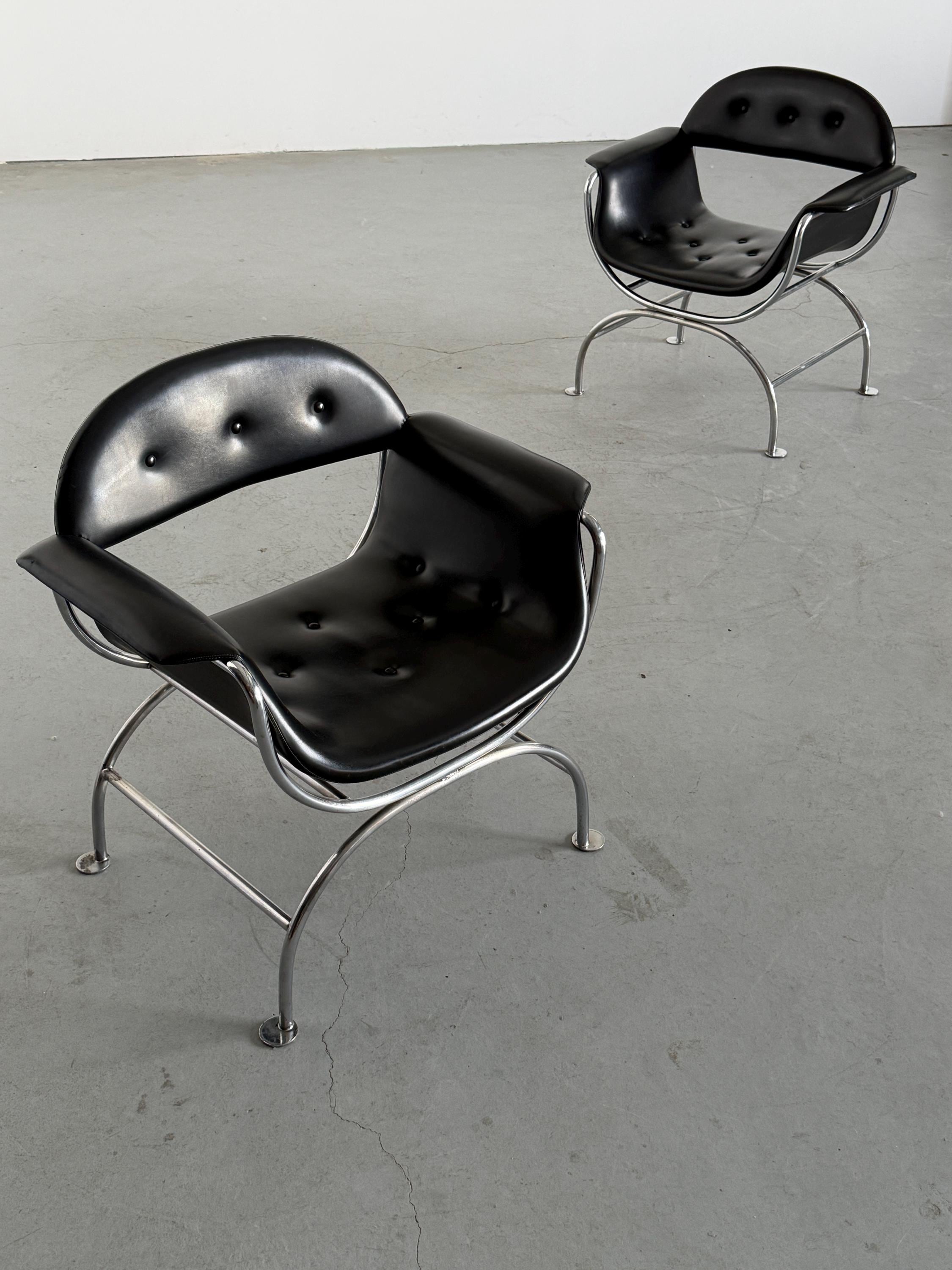 Pair of Postmodern Lounge Chair in Black Faux Leather & Chrome
