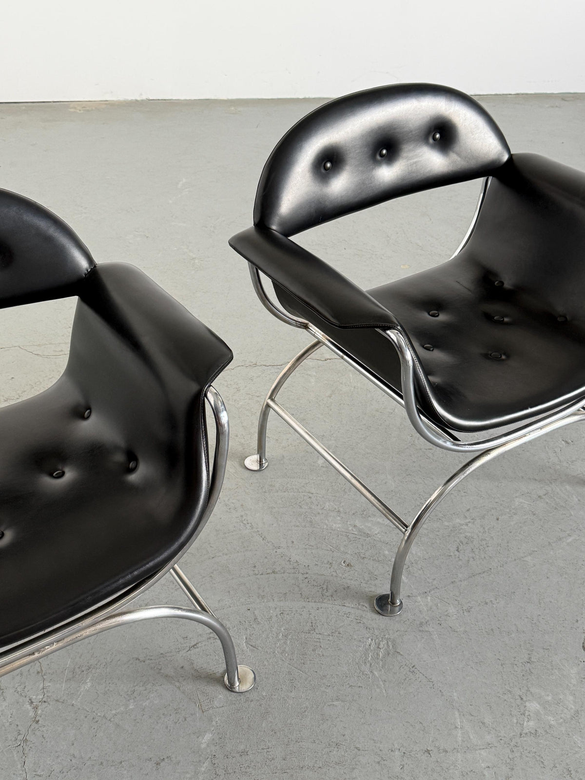 Pair of Postmodern Lounge Chair in Black Faux Leather & Chrome