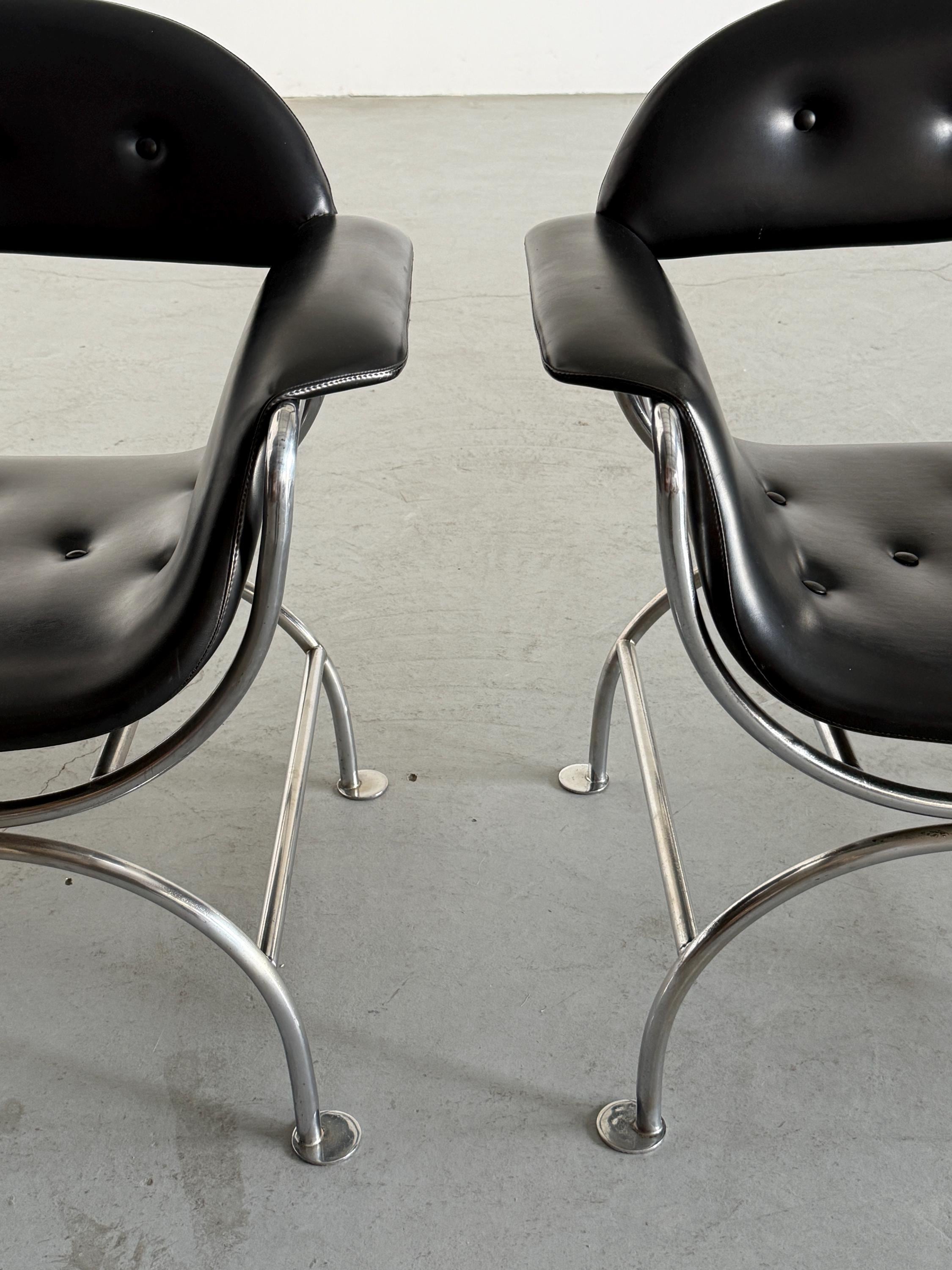 Pair of Postmodern Lounge Chair in Black Faux Leather & Chrome