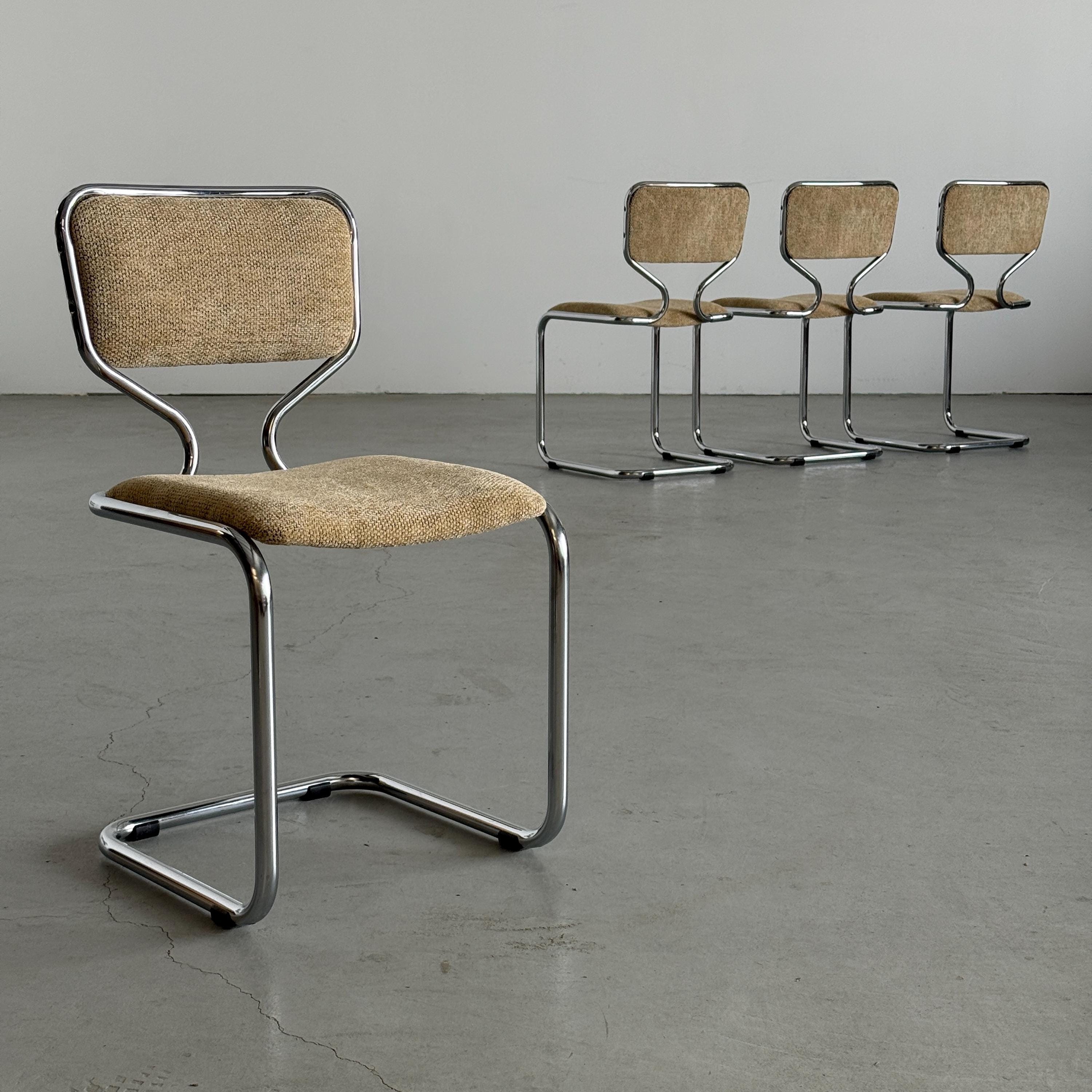 Cantilever Dining Chairs in Chrome and Textured Upholstery
