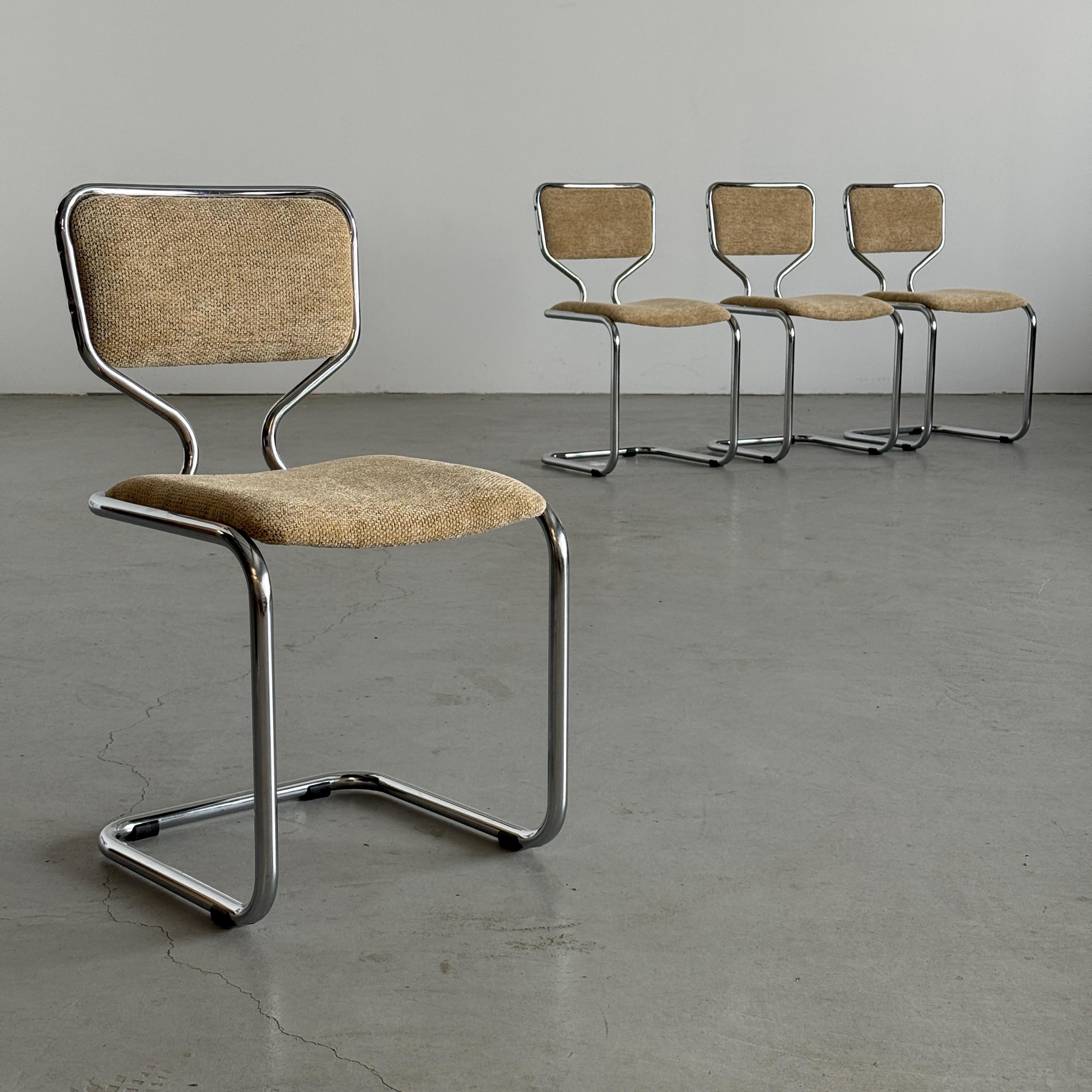 Cantilever Dining Chairs in Chrome and Textured Upholstery