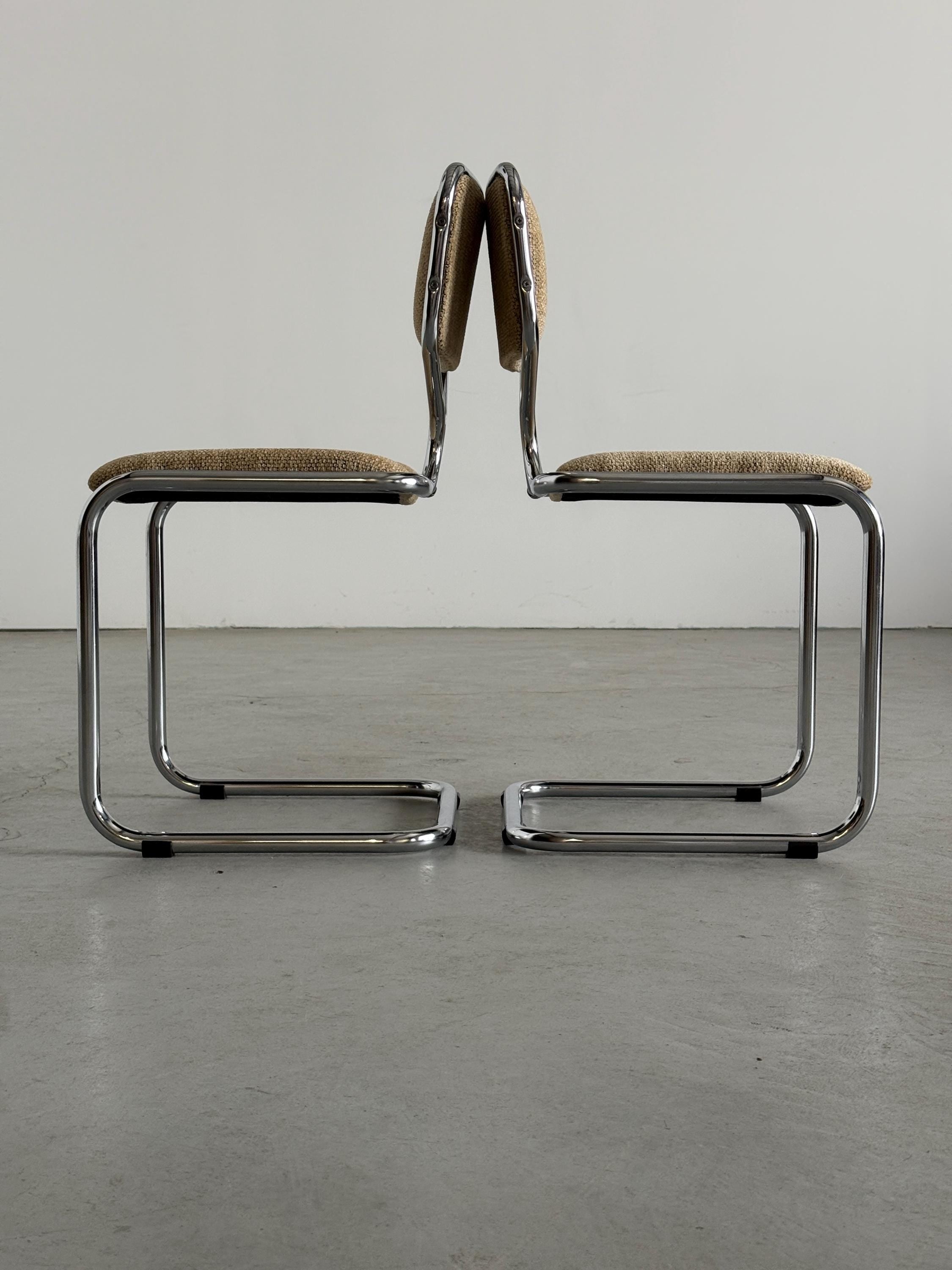 Cantilever Dining Chairs in Chrome and Textured Upholstery