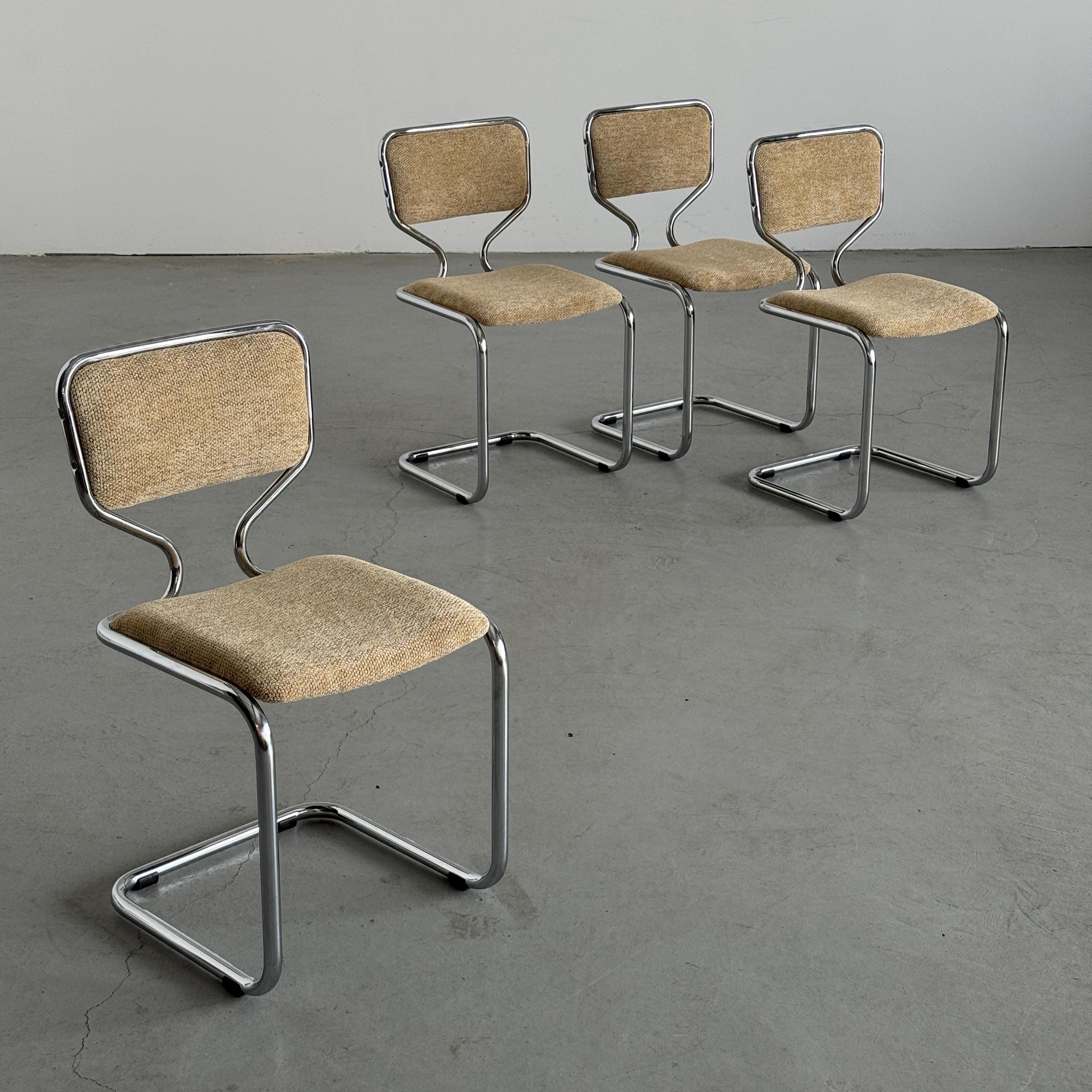 Cantilever Dining Chairs in Chrome and Textured Upholstery