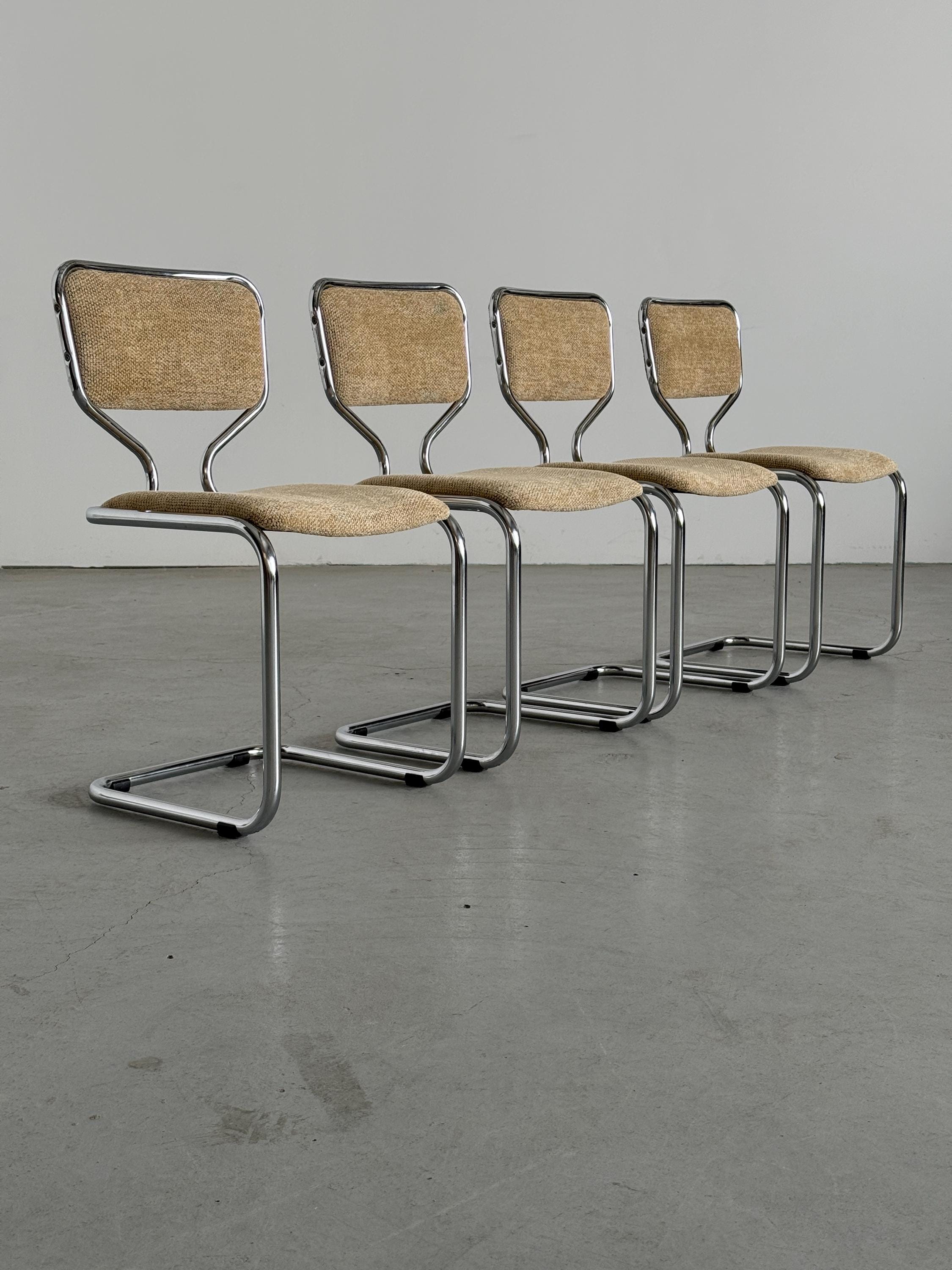 Cantilever Dining Chairs in Chrome and Textured Upholstery