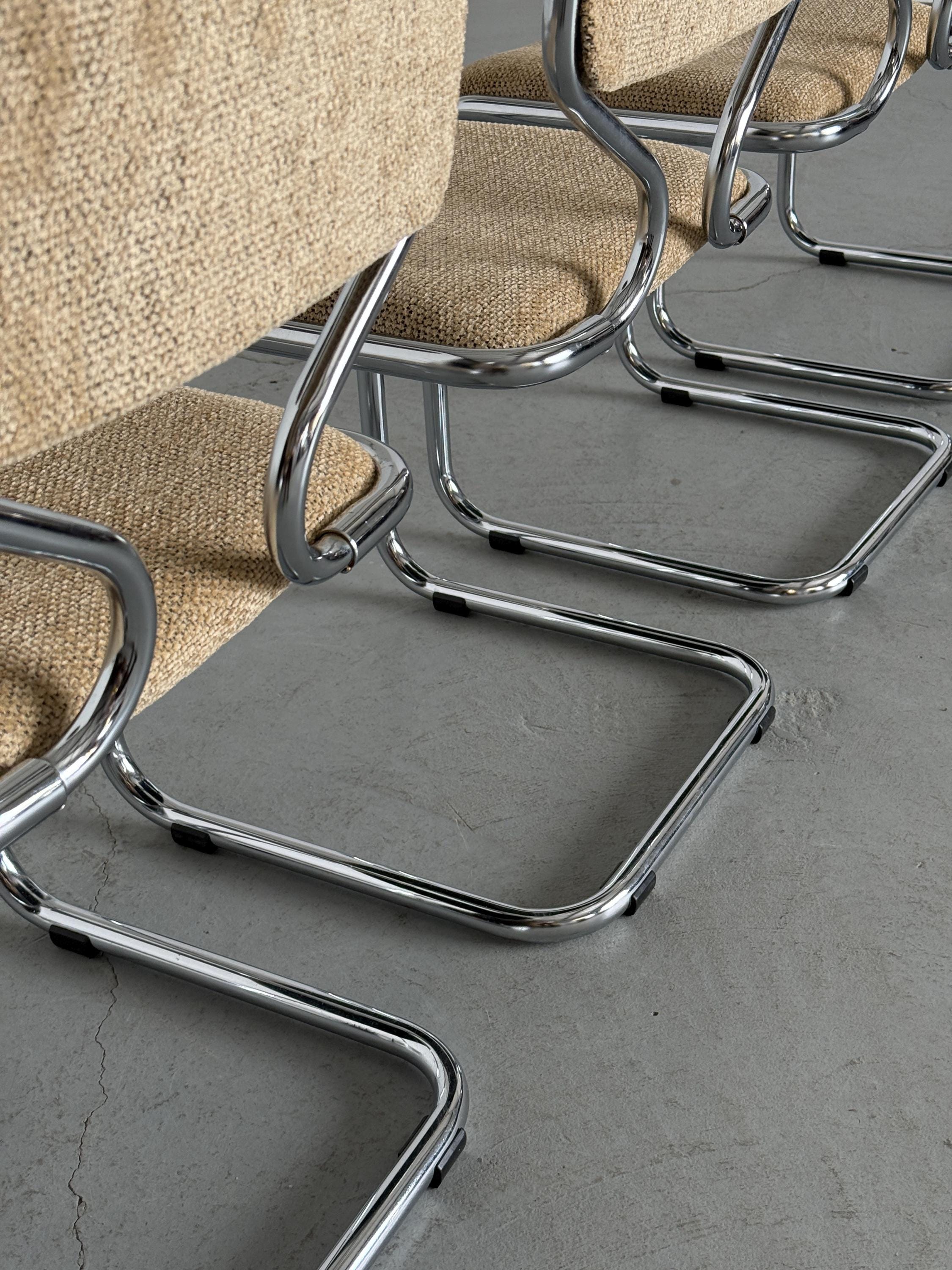 Cantilever Dining Chairs in Chrome and Textured Upholstery