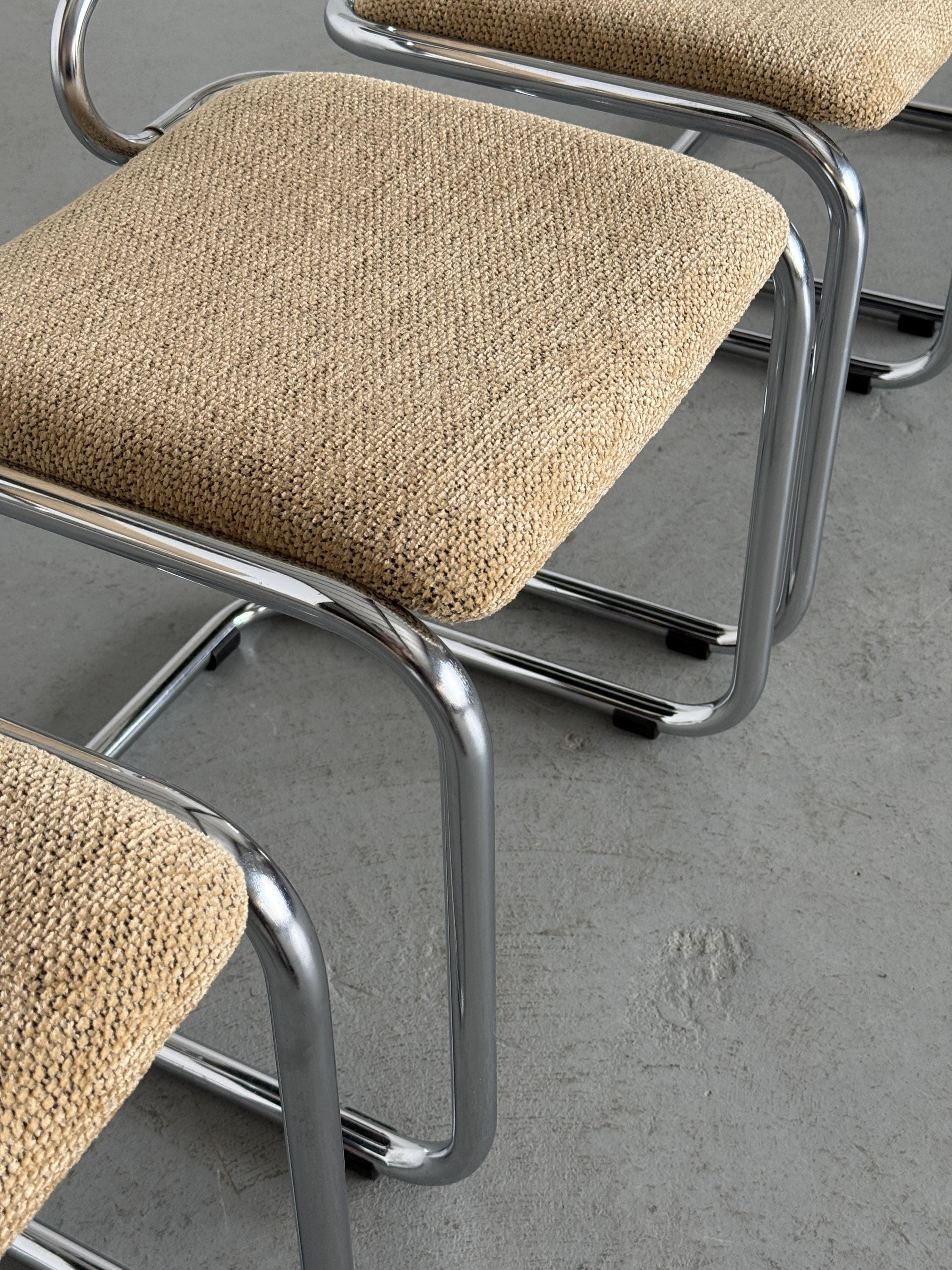 Cantilever Dining Chairs in Chrome and Textured Upholstery