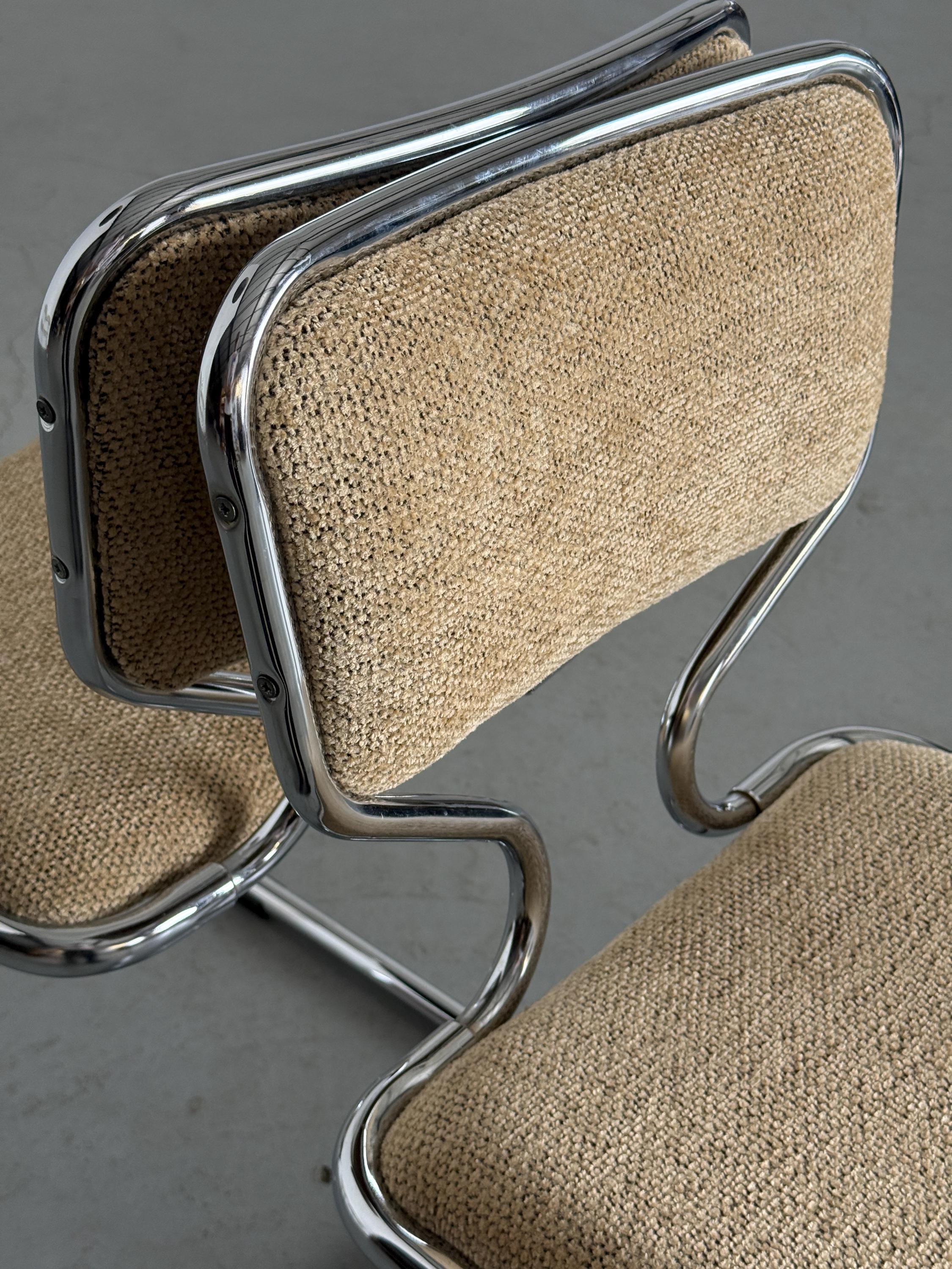 Cantilever Dining Chairs in Chrome and Textured Upholstery