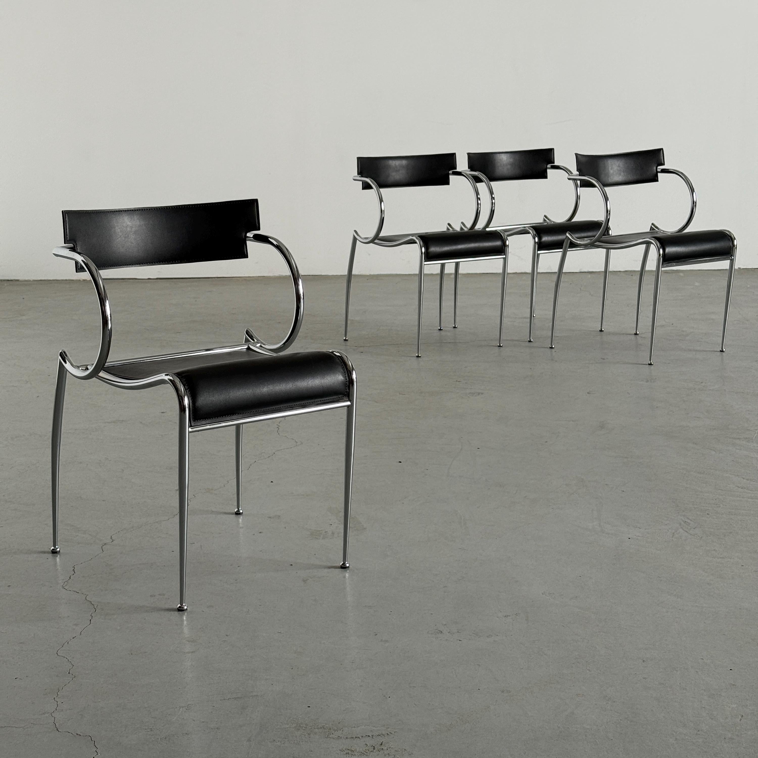 Curved Chrome and Black Leather Dining Chairs