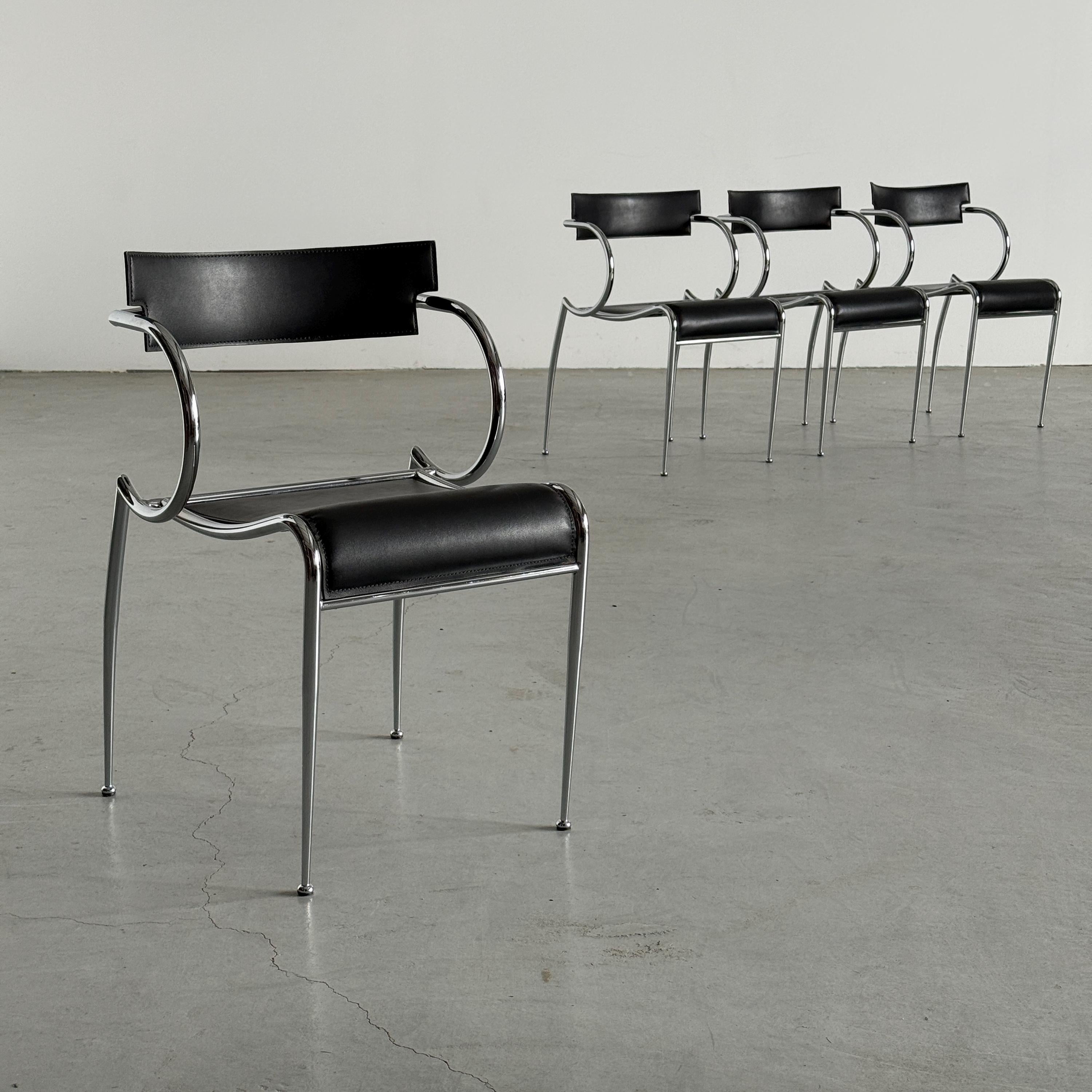 Curved Chrome and Black Leather Dining Chairs