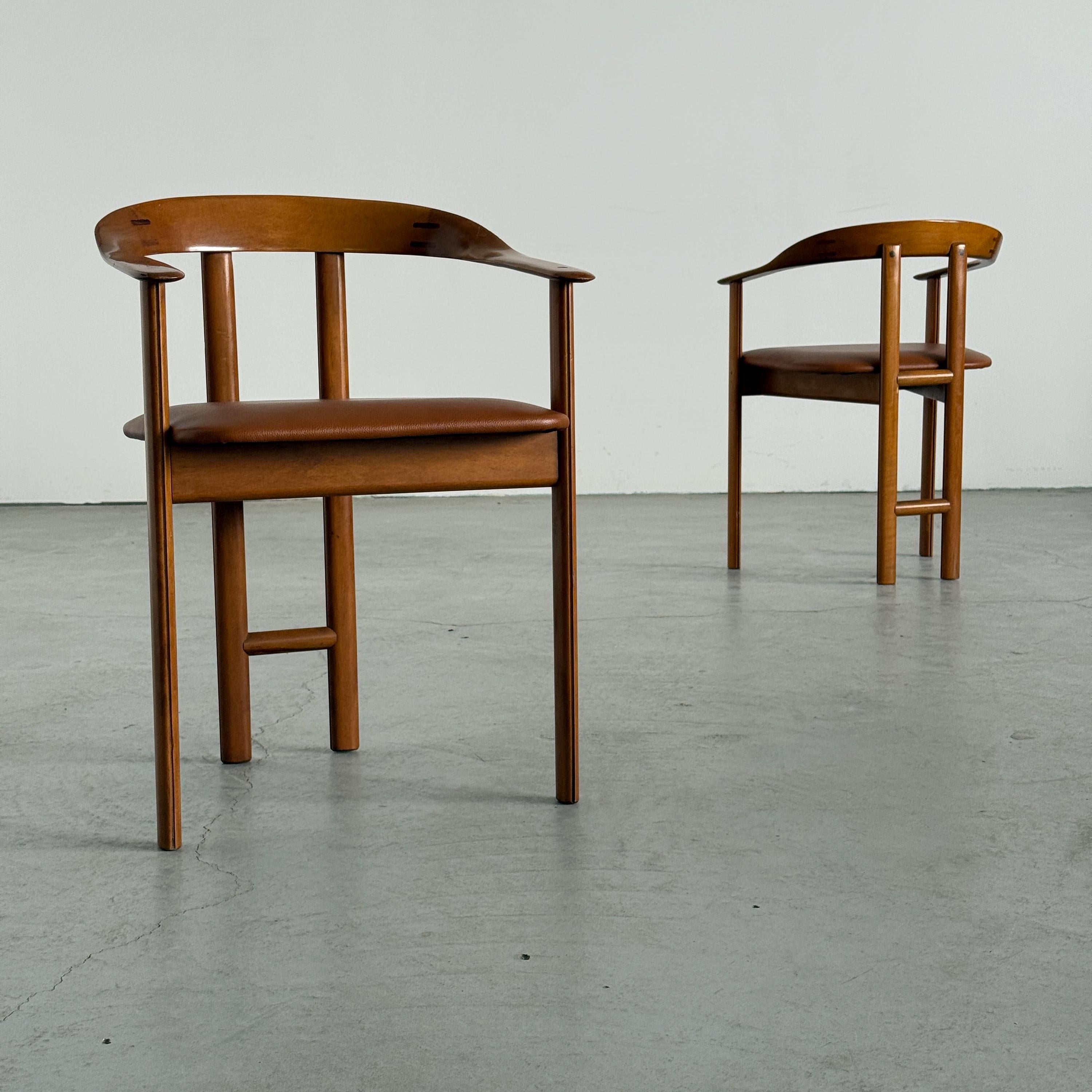 Danish Postmodern Wood and Leather Armchairs