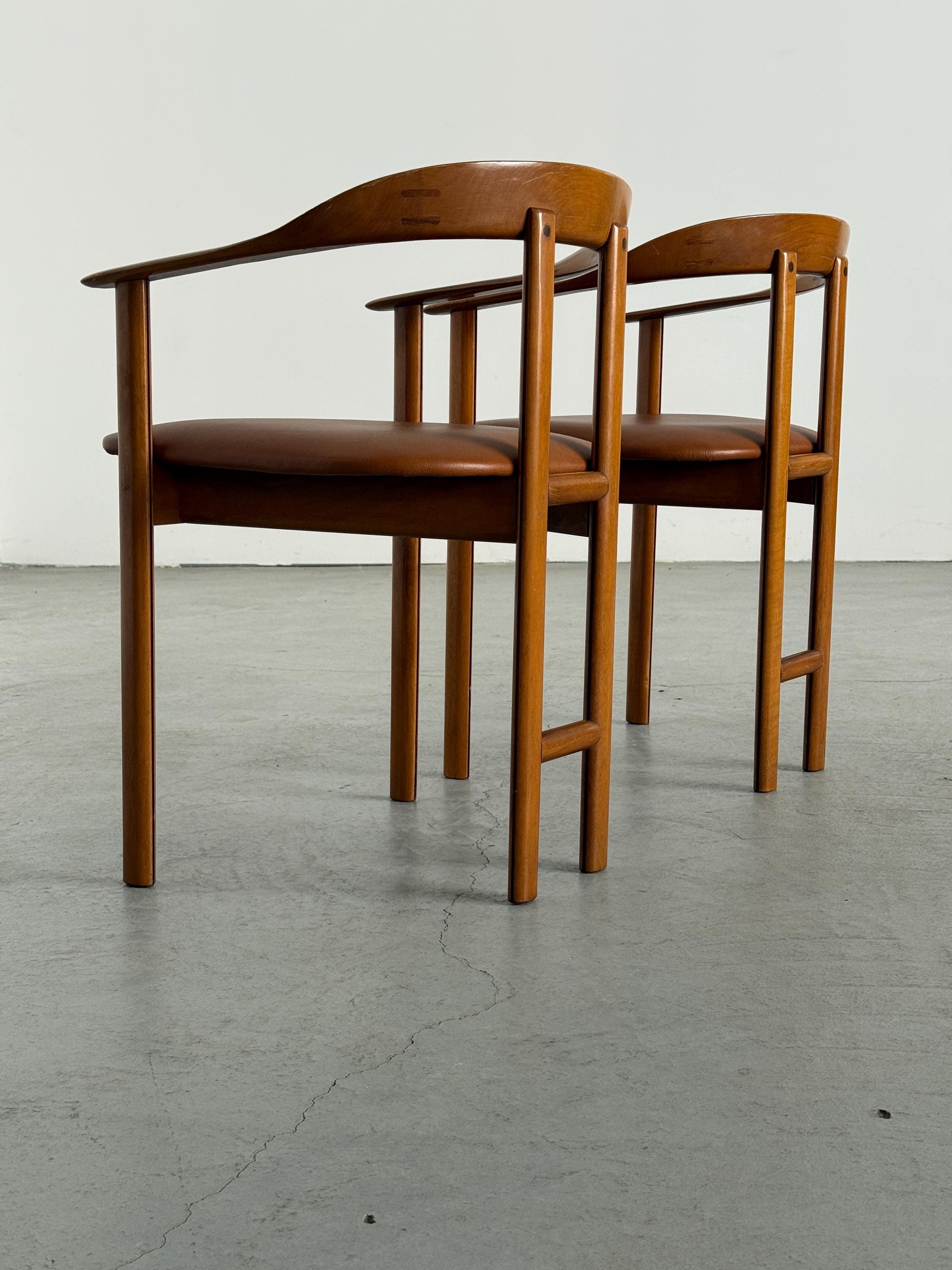Danish Postmodern Wood and Leather Armchairs