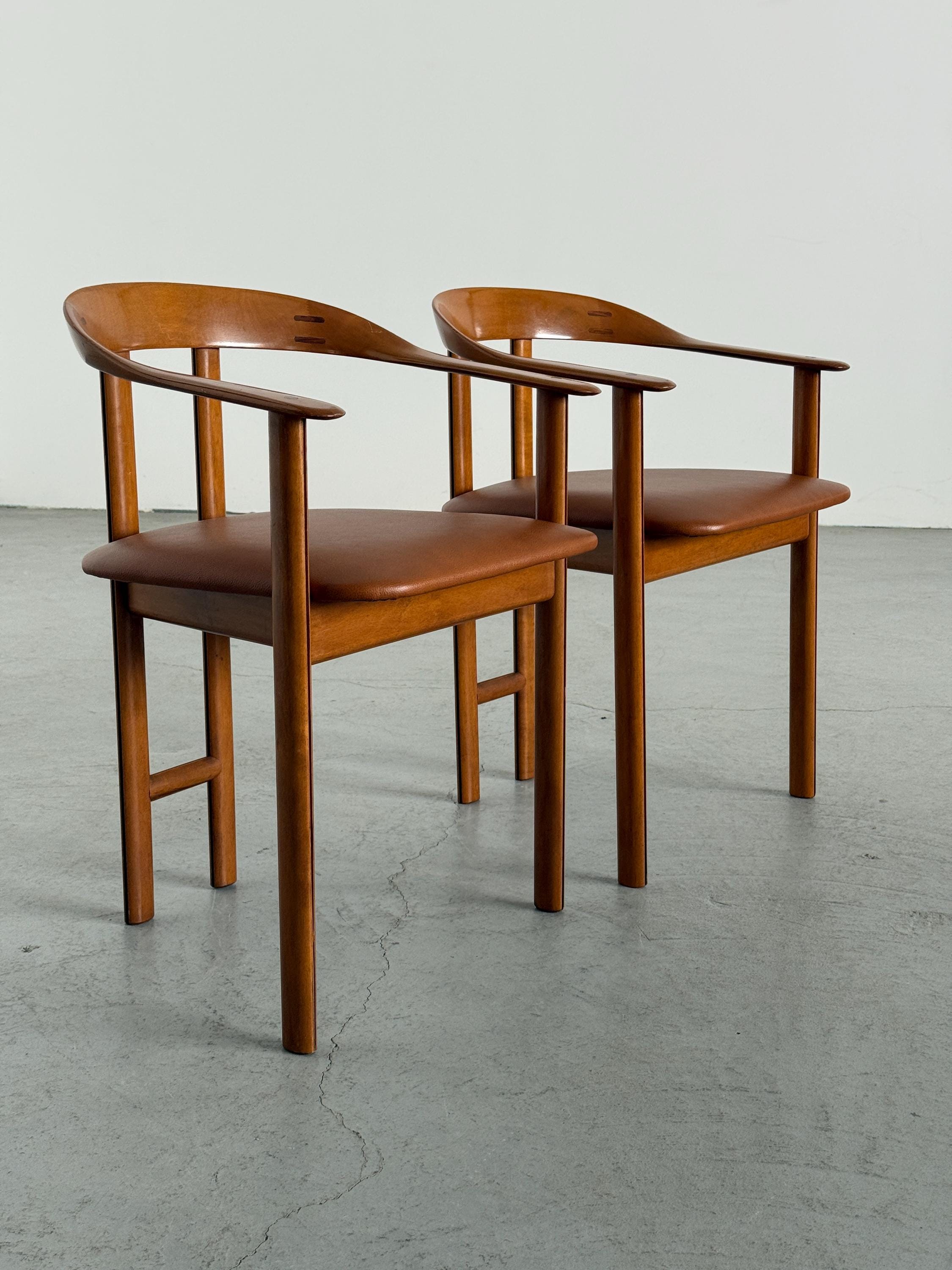 Danish Postmodern Wood and Leather Armchairs