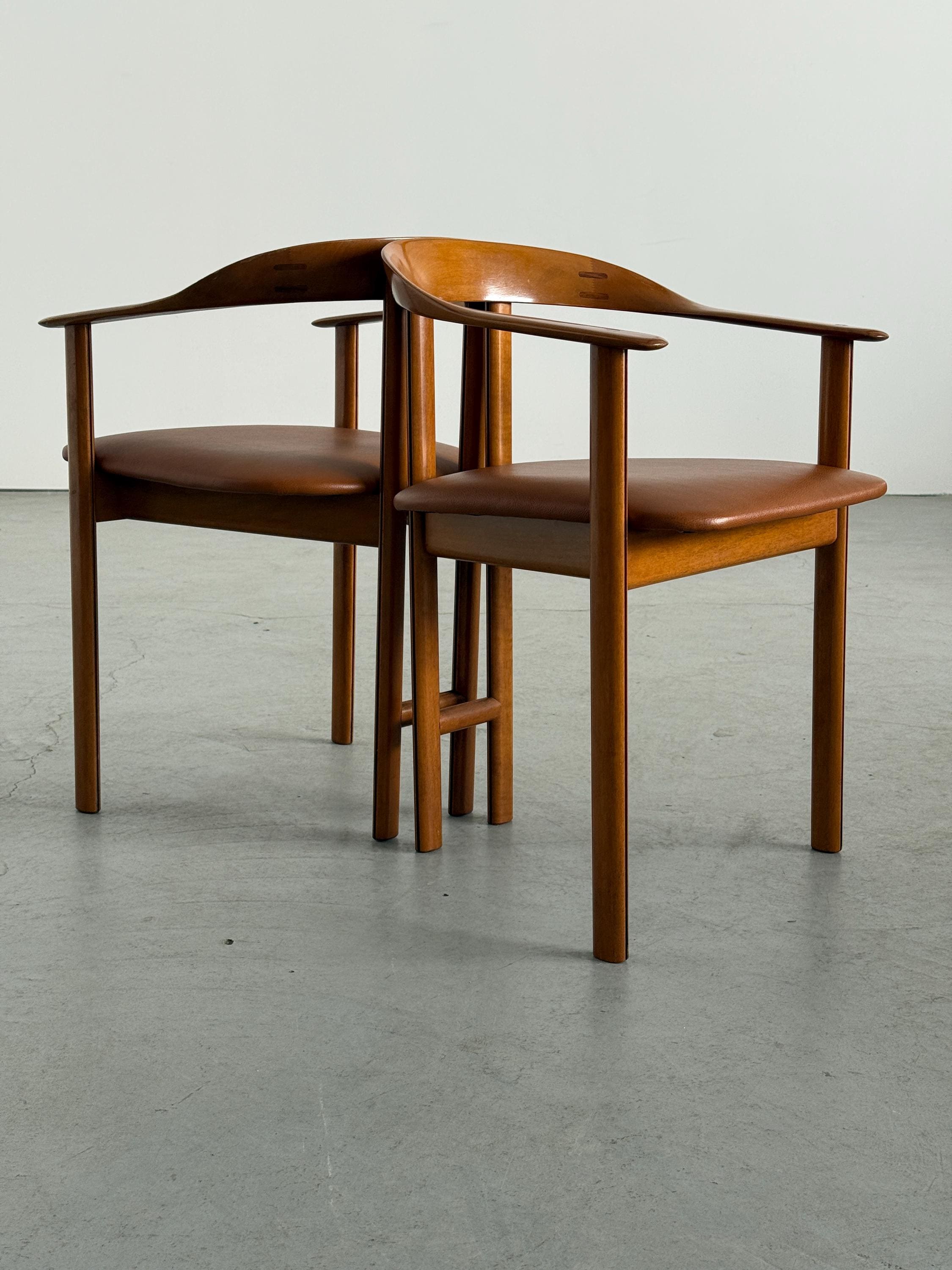 Danish Postmodern Wood and Leather Armchairs