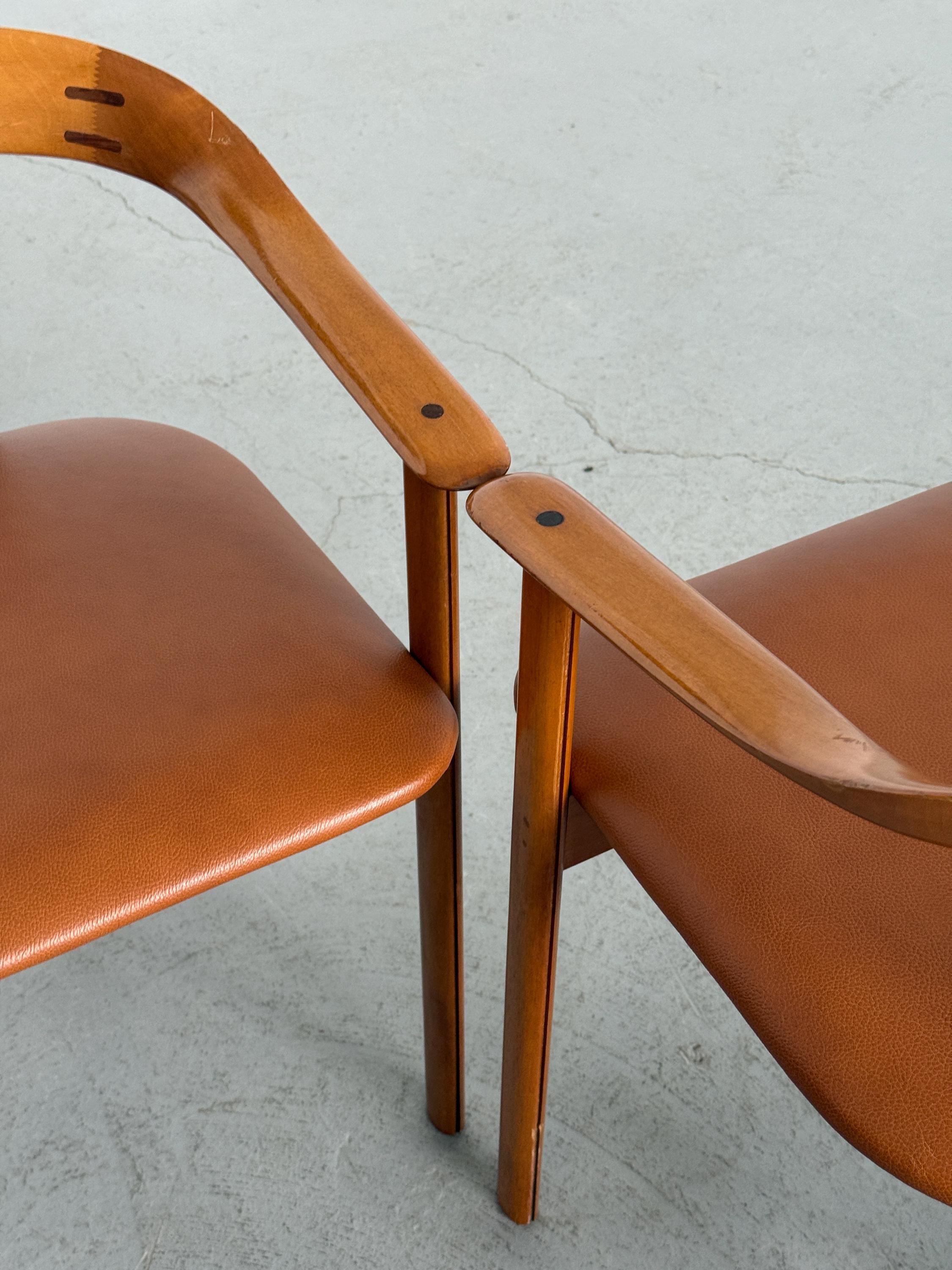 Danish Postmodern Wood and Leather Armchairs
