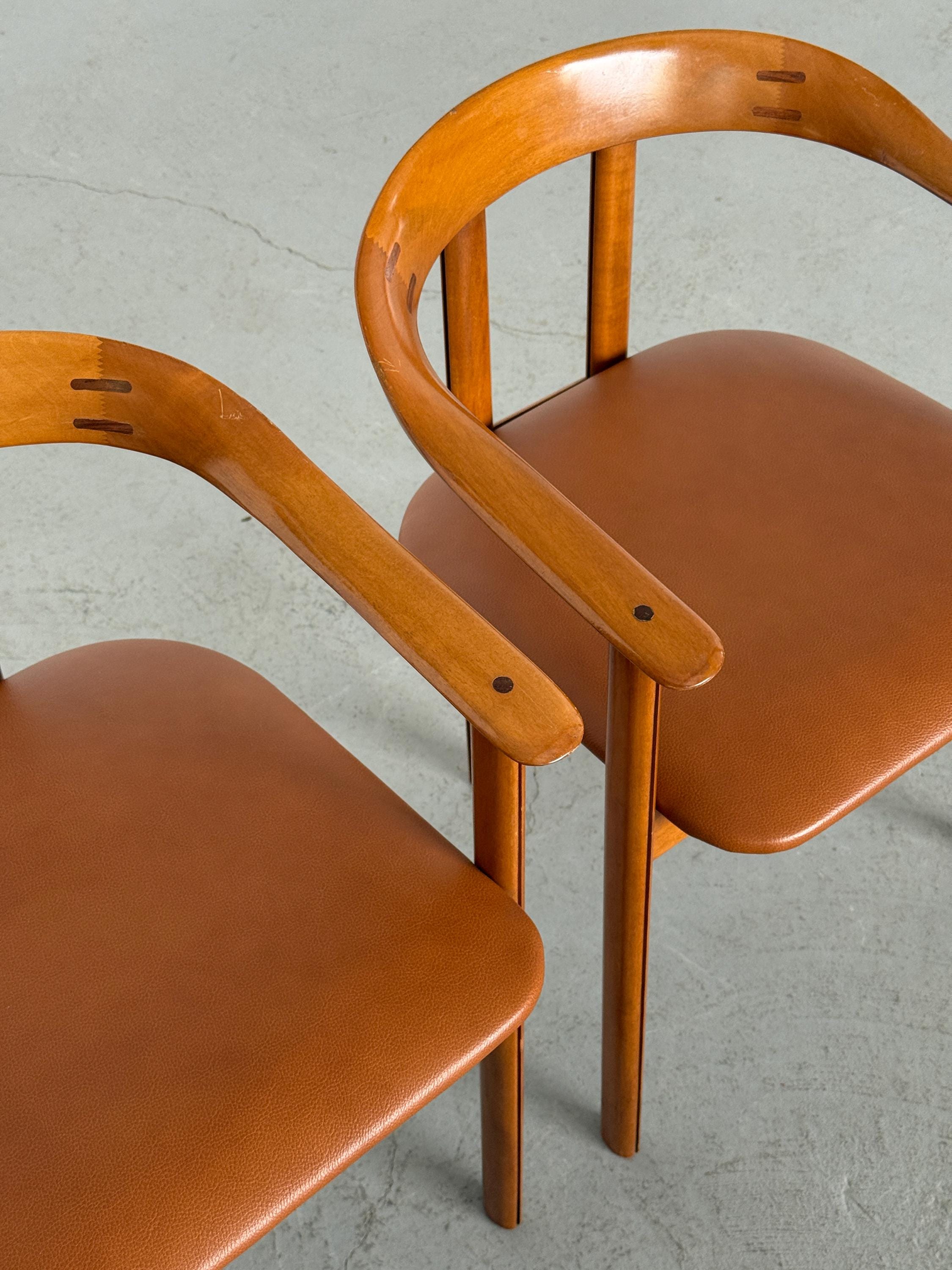 Danish Postmodern Wood and Leather Armchairs