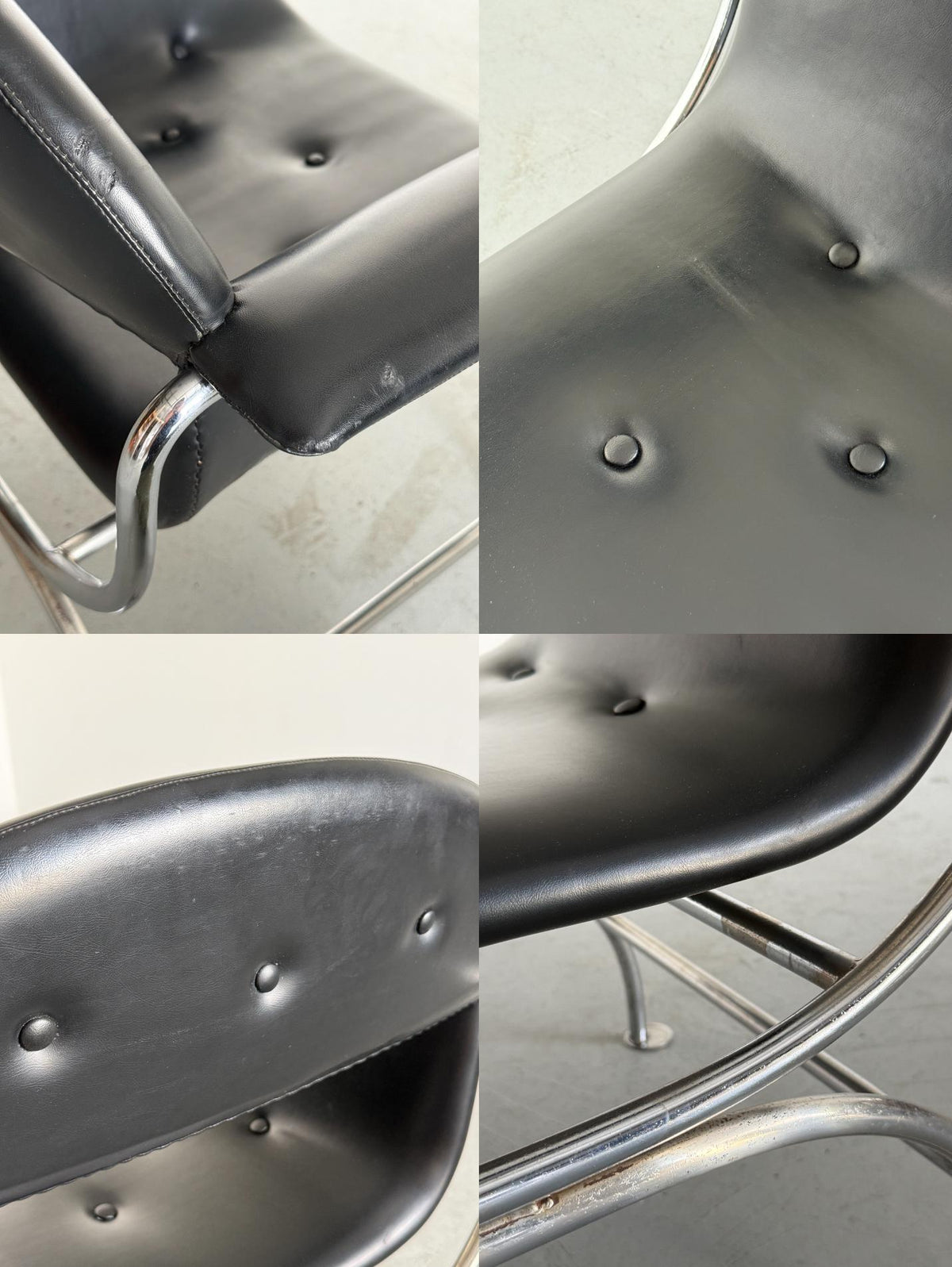 Pair of Postmodern Lounge Chair in Black Faux Leather & Chrome