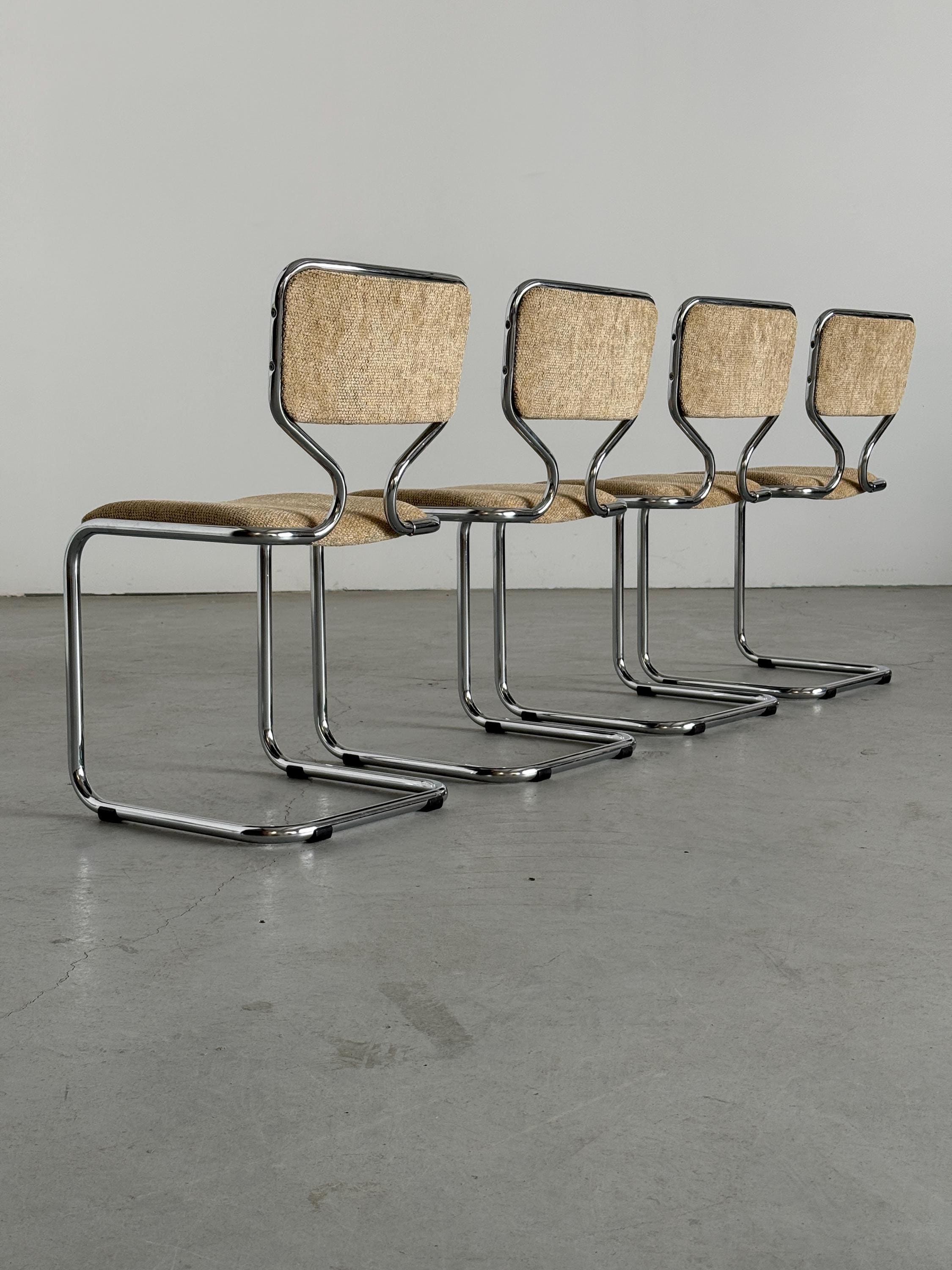 Cantilever Dining Chairs in Chrome and Textured Upholstery
