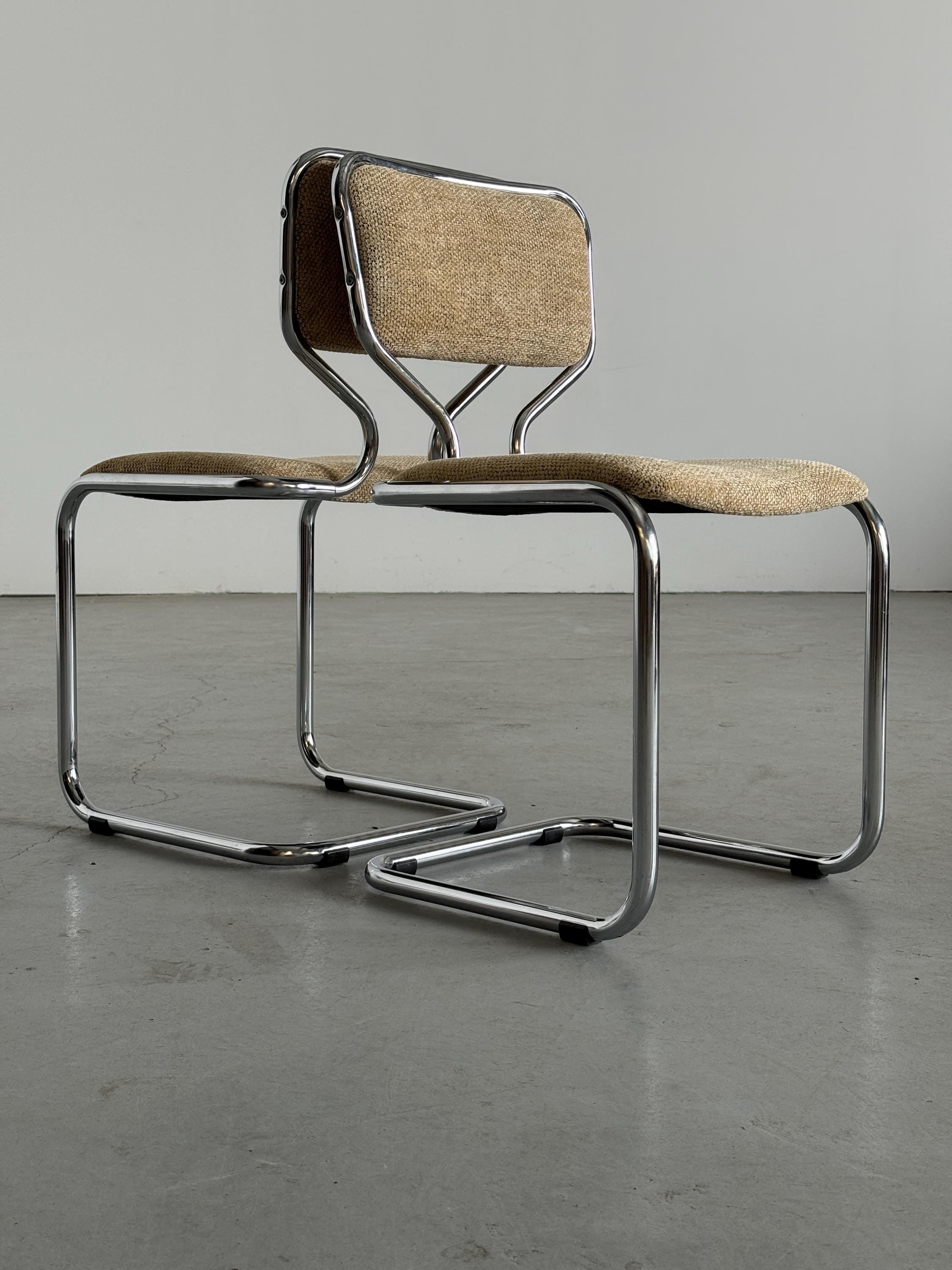 Cantilever Dining Chairs in Chrome and Textured Upholstery