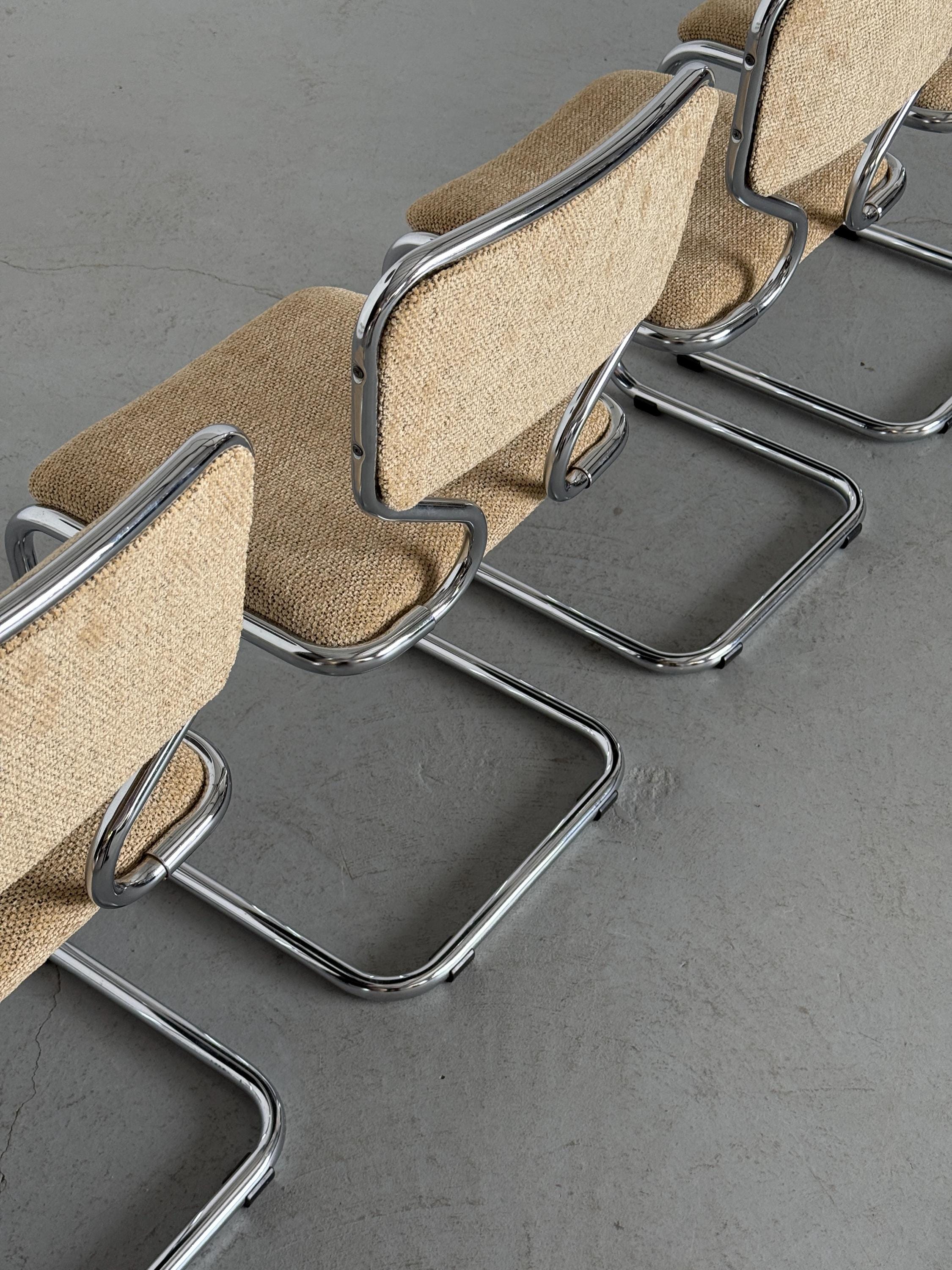 Cantilever Dining Chairs in Chrome and Textured Upholstery