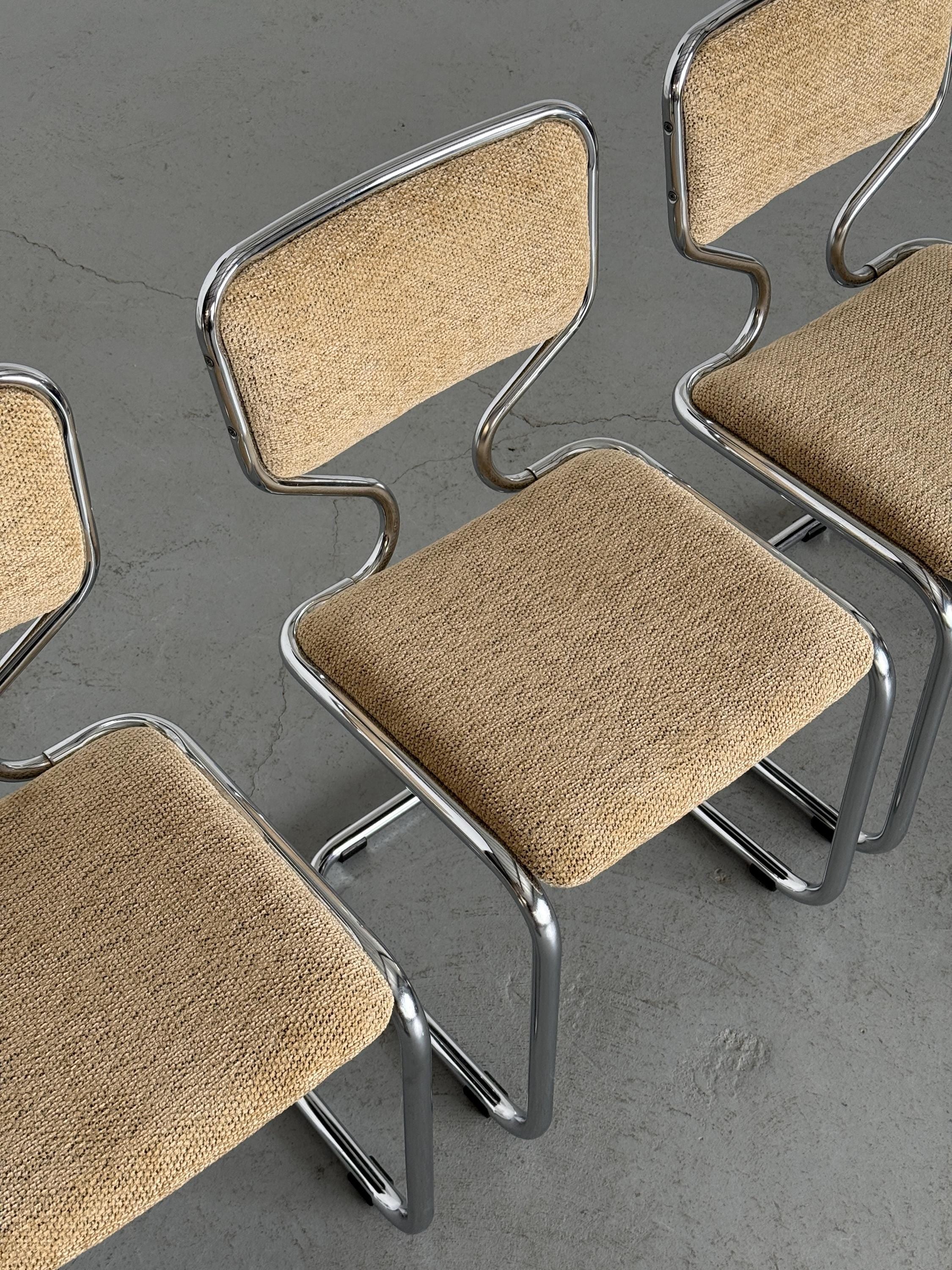 Cantilever Dining Chairs in Chrome and Textured Upholstery