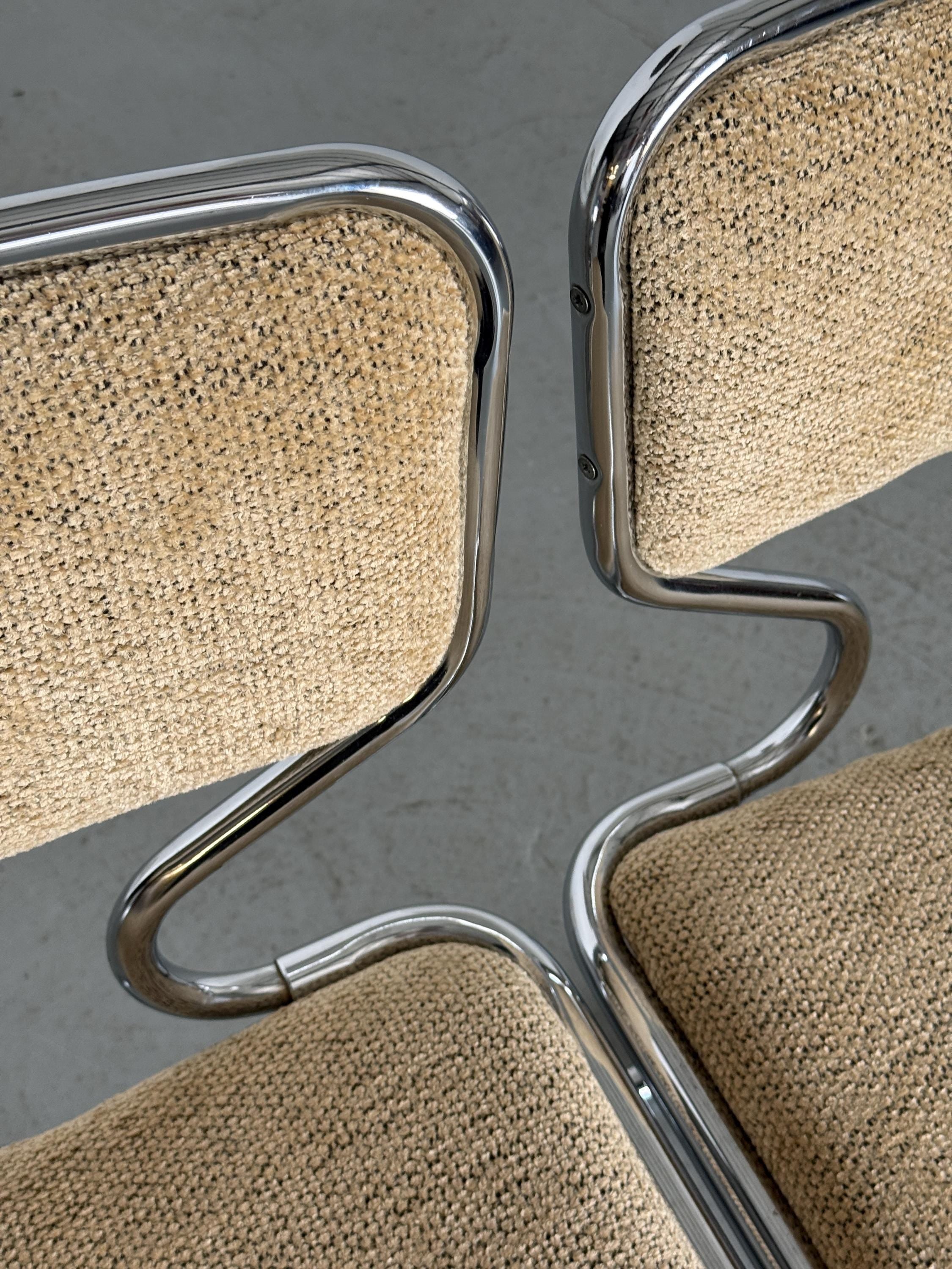Cantilever Dining Chairs in Chrome and Textured Upholstery