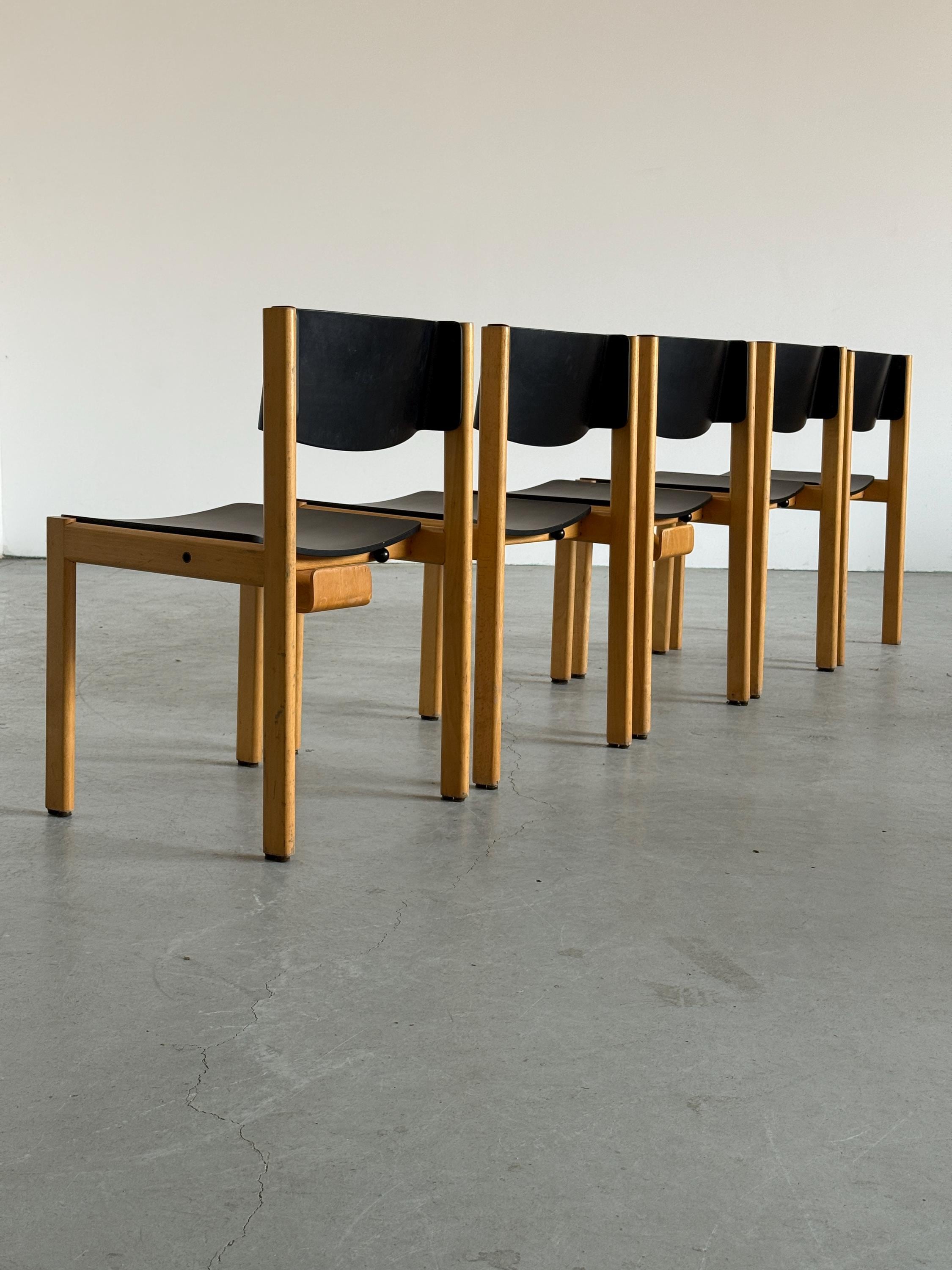 Mid-Century Modern Stackable Dining Chairs or Visitor Chairs by Kusch + Co, Beech and Brown Stained Plywood, 1970s Germany