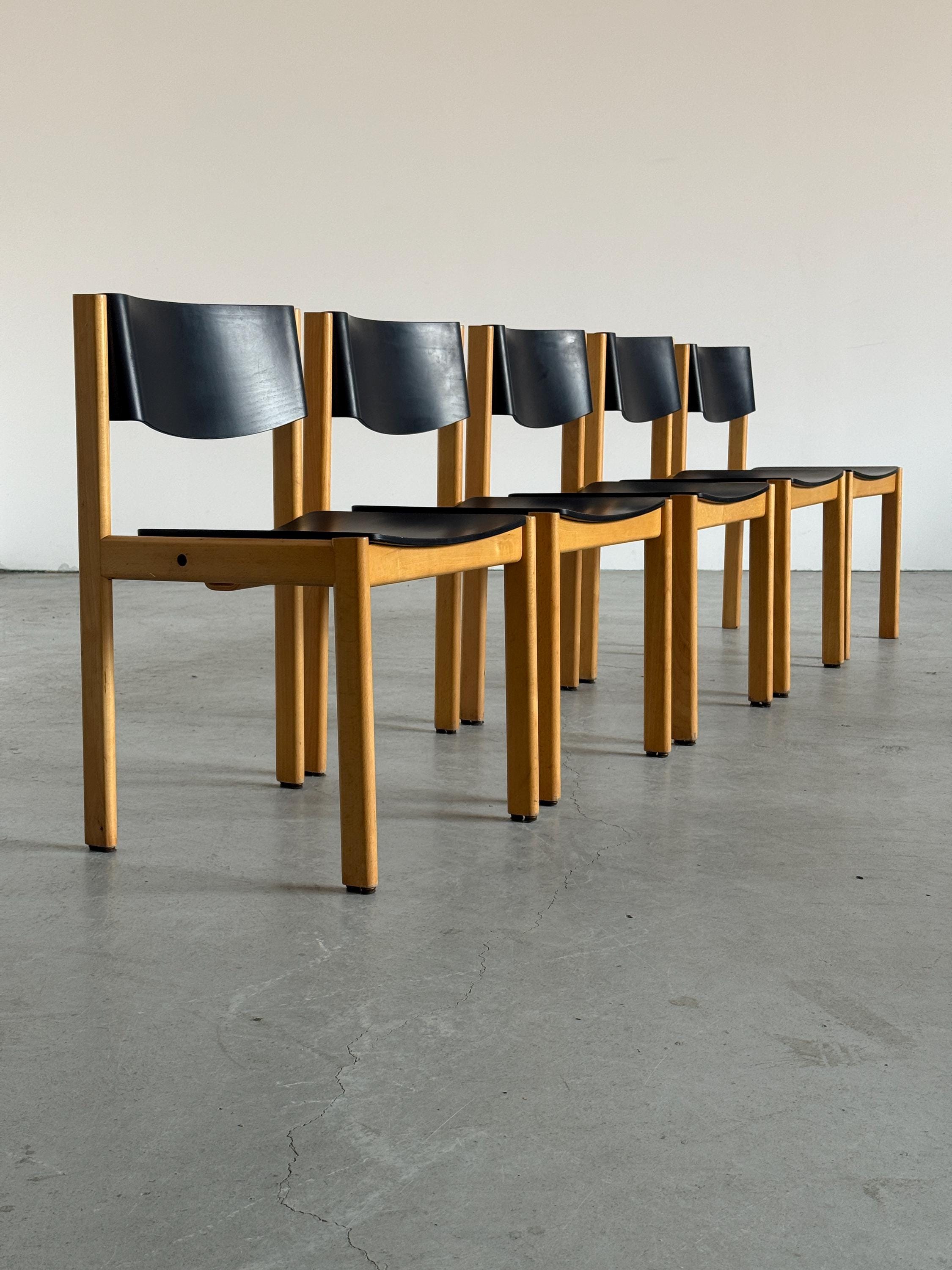 Mid-Century Modern Stackable Dining Chairs or Visitor Chairs by Kusch + Co, Beech and Brown Stained Plywood, 1970s Germany