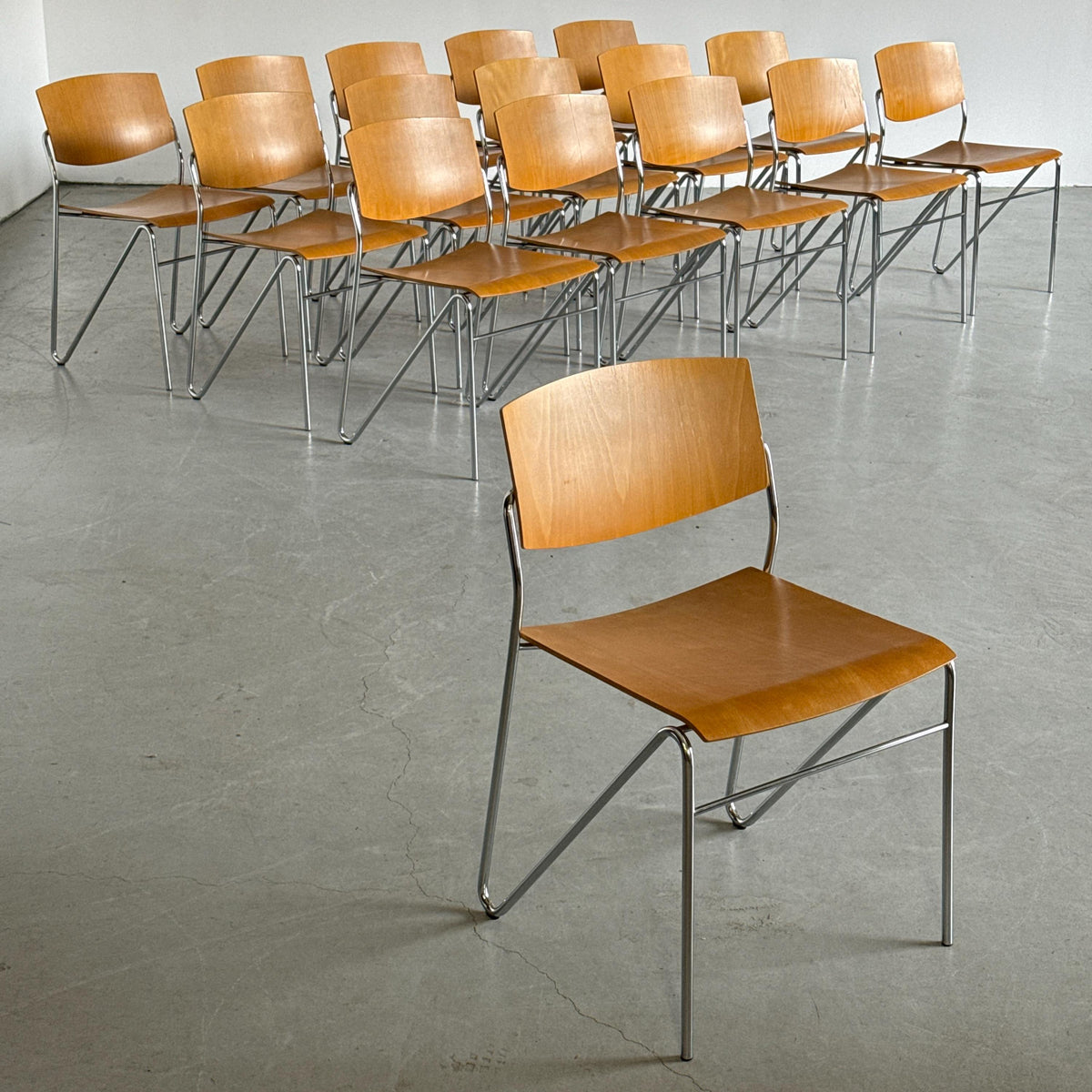 Chrome and Beech Plywood Stacking Chairs