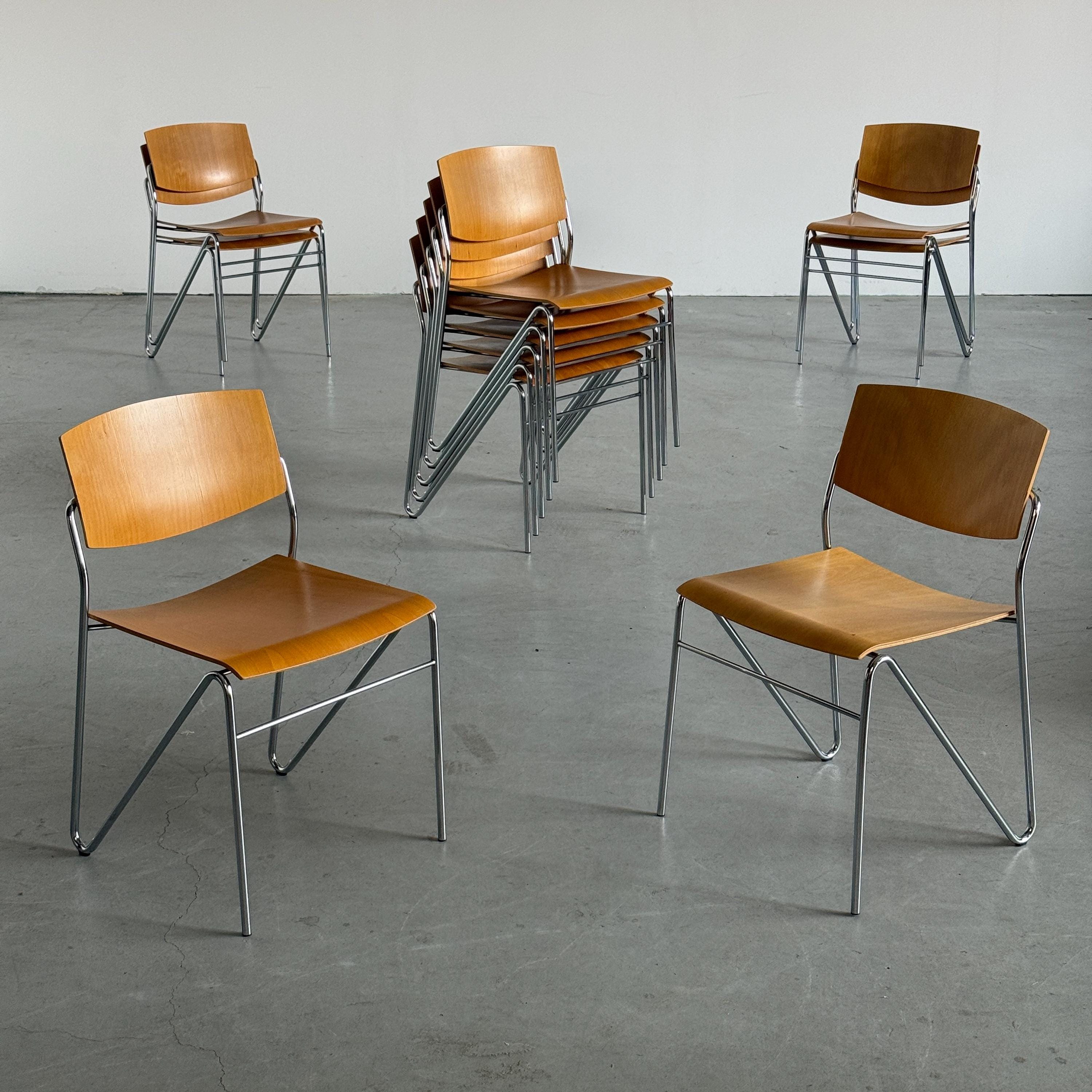 Chrome and Beech Plywood Stacking Chairs