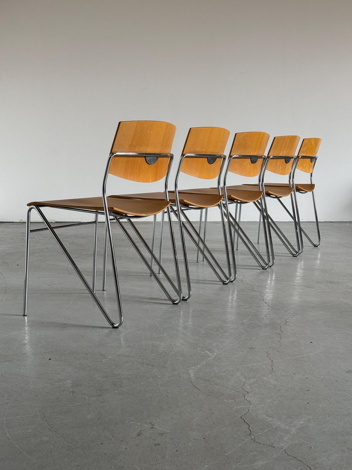 Chrome and Beech Plywood Stacking Chairs