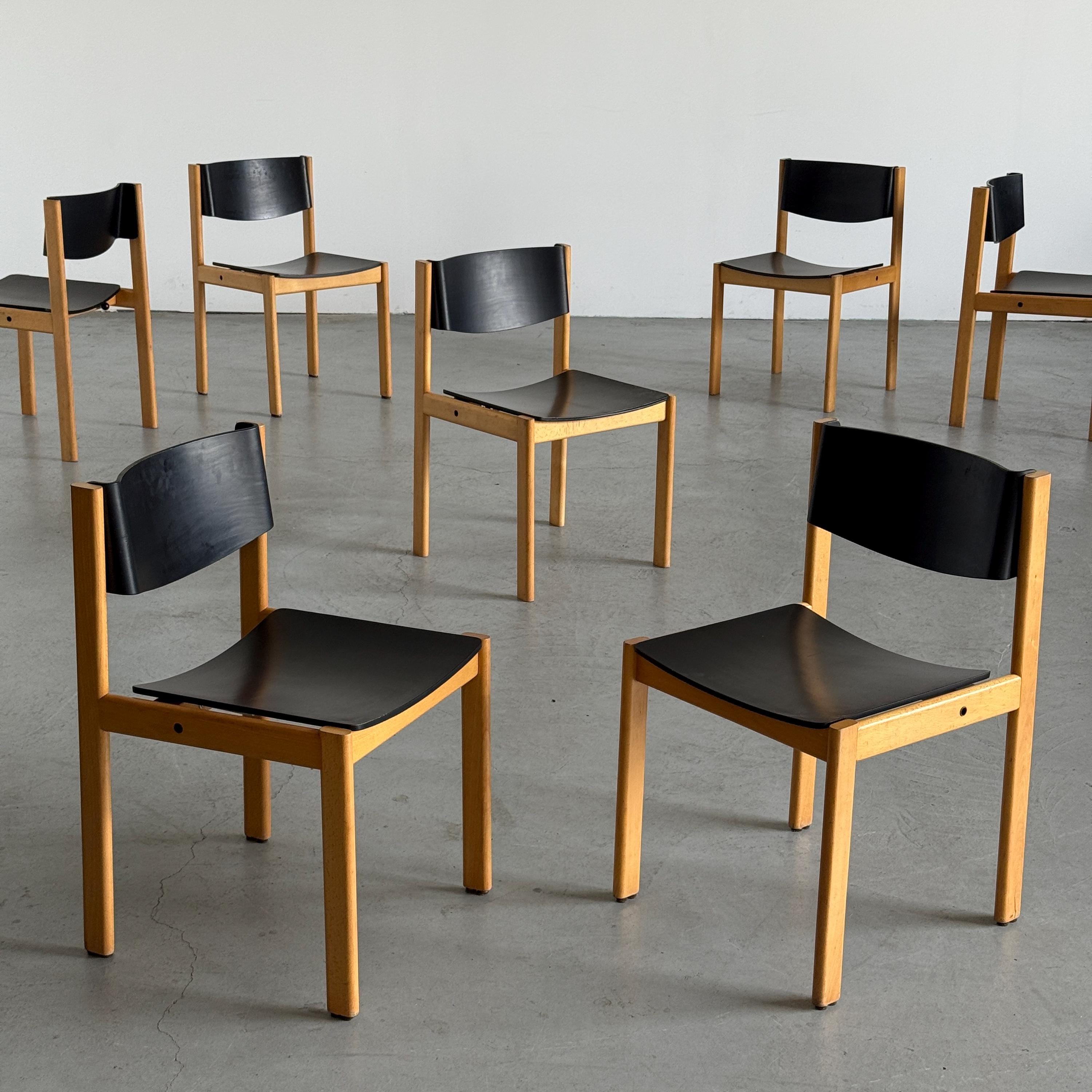 Mid-Century Modern Stackable Dining Chairs or Visitor Chairs by Kusch + Co, Beech and Brown Stained Plywood, 1970s Germany