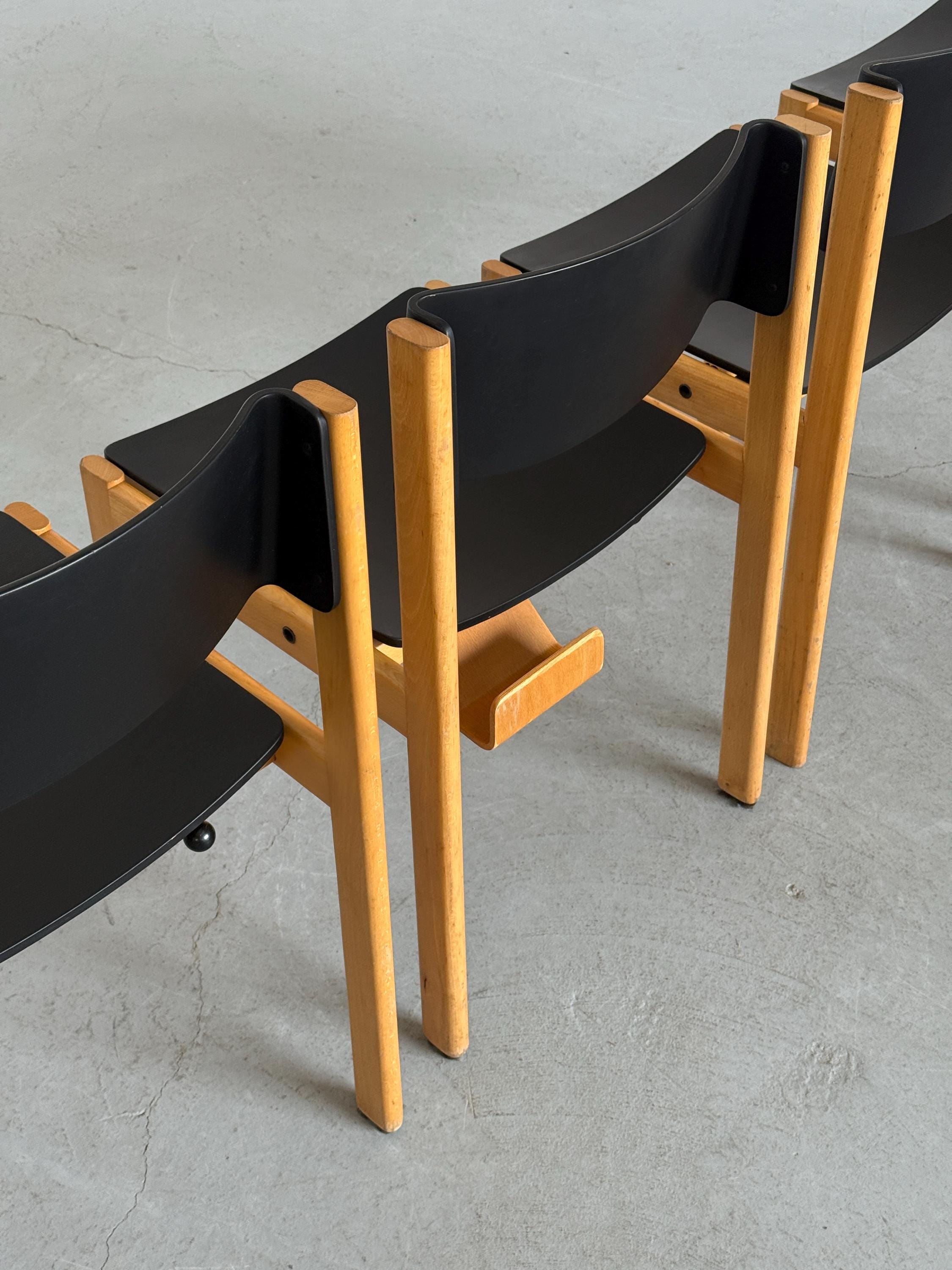 Mid-Century Modern Stackable Dining Chairs or Visitor Chairs by Kusch + Co, Beech and Brown Stained Plywood, 1970s Germany
