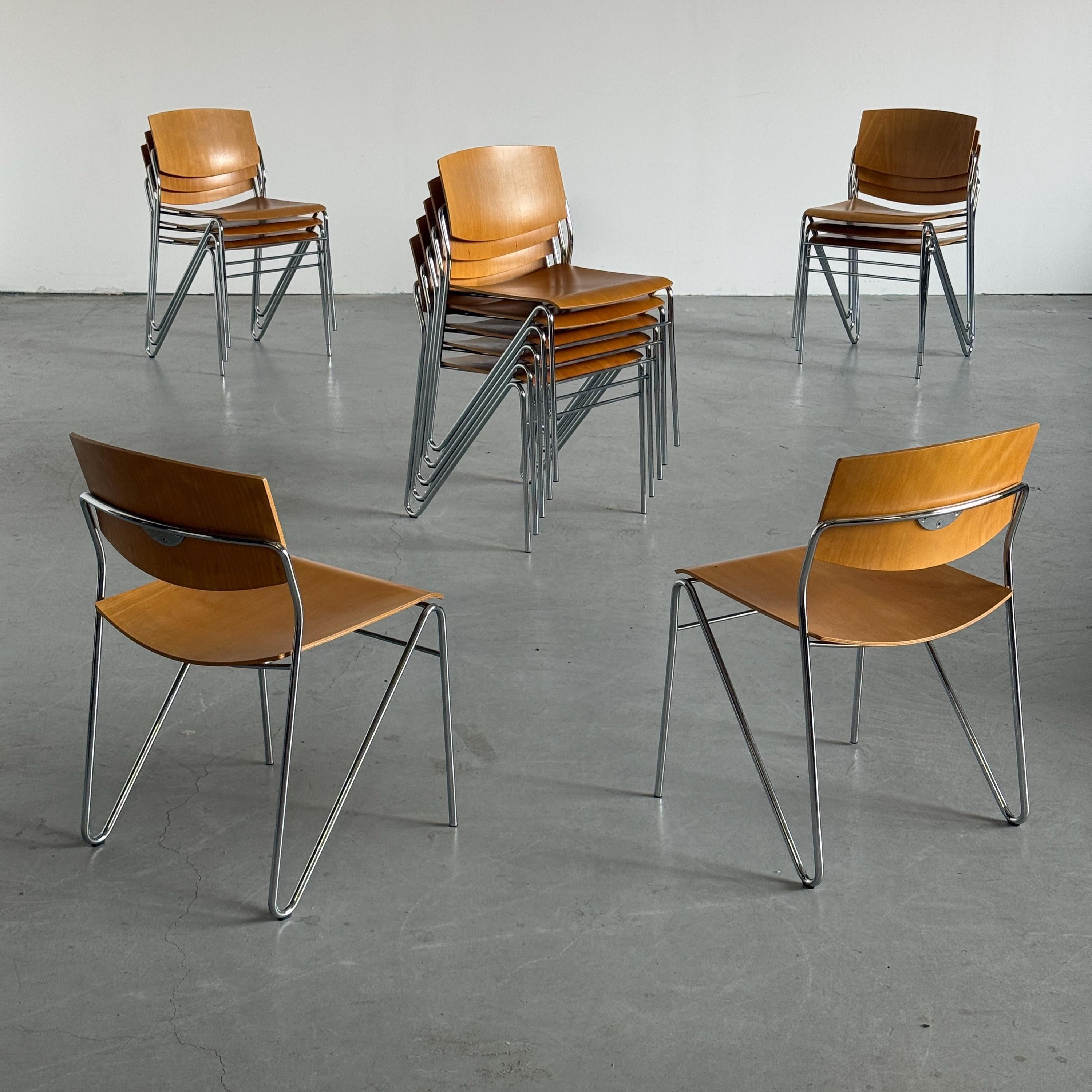 Chrome and Beech Plywood Stacking Chairs