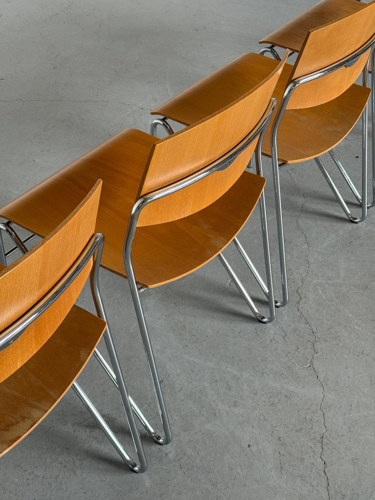 Chrome and Beech Plywood Stacking Chairs