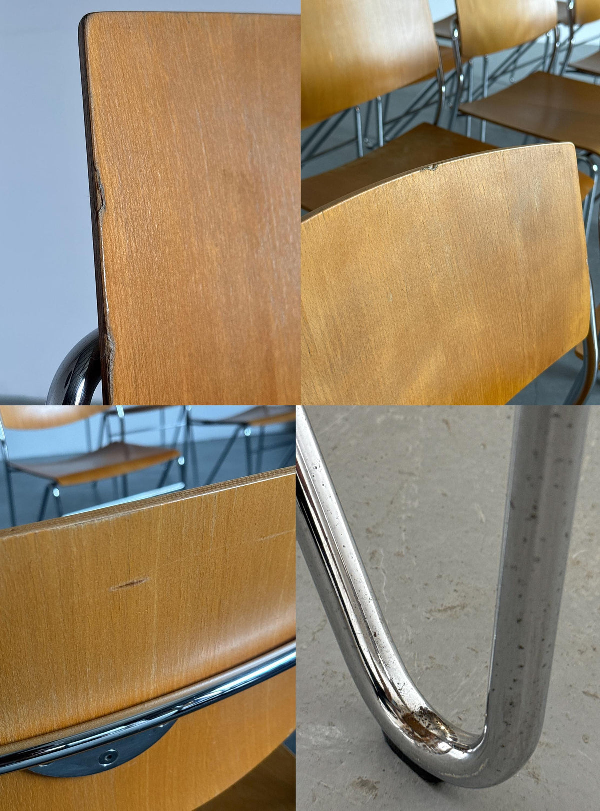 Chrome and Beech Plywood Stacking Chairs