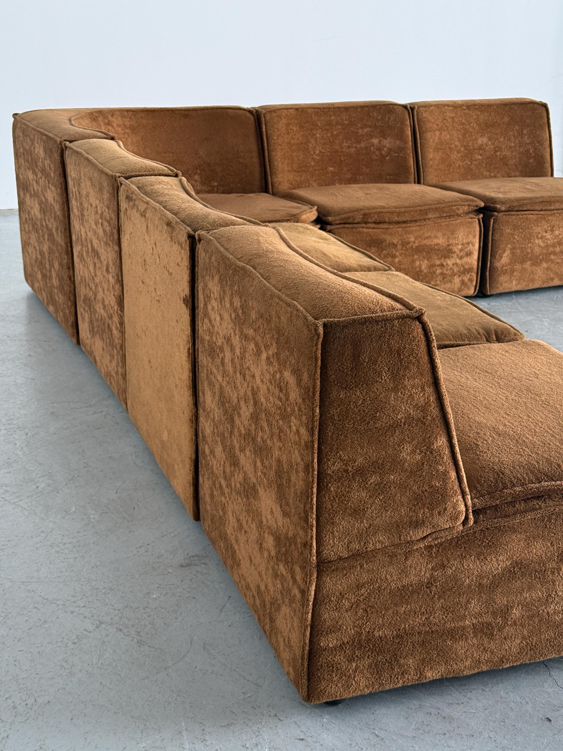 Modular Corner Sofa with Brown Velour Upholstery