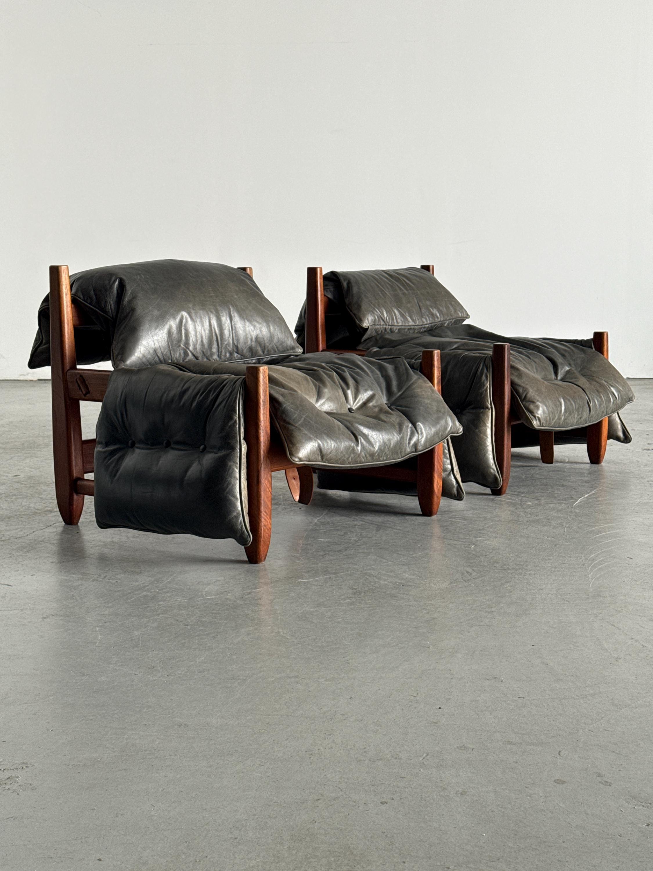 Brazilian Brutalist Hardwood Lounge Chairs in Charcoal Leather