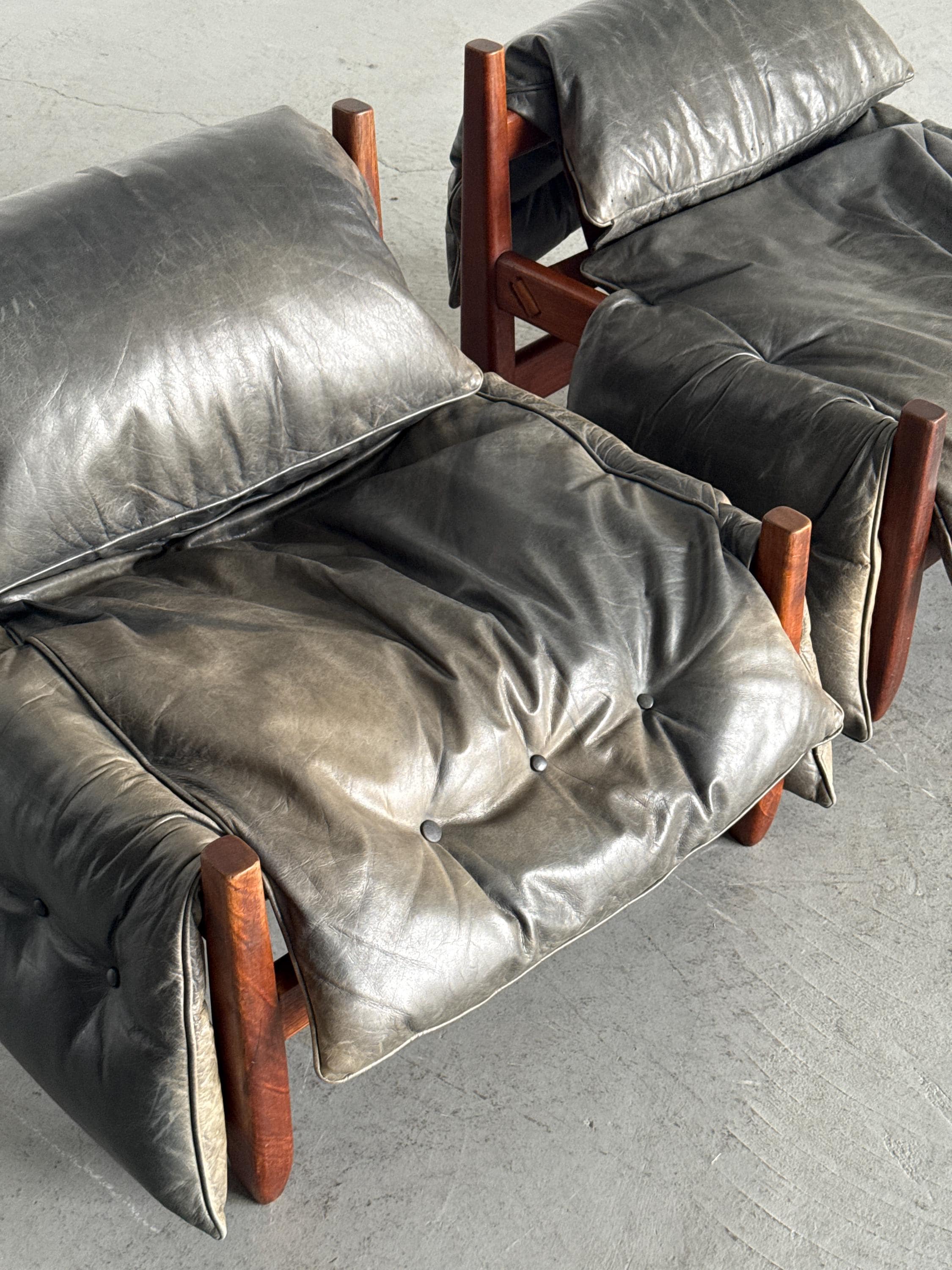 Brazilian Brutalist Hardwood Lounge Chairs in Charcoal Leather