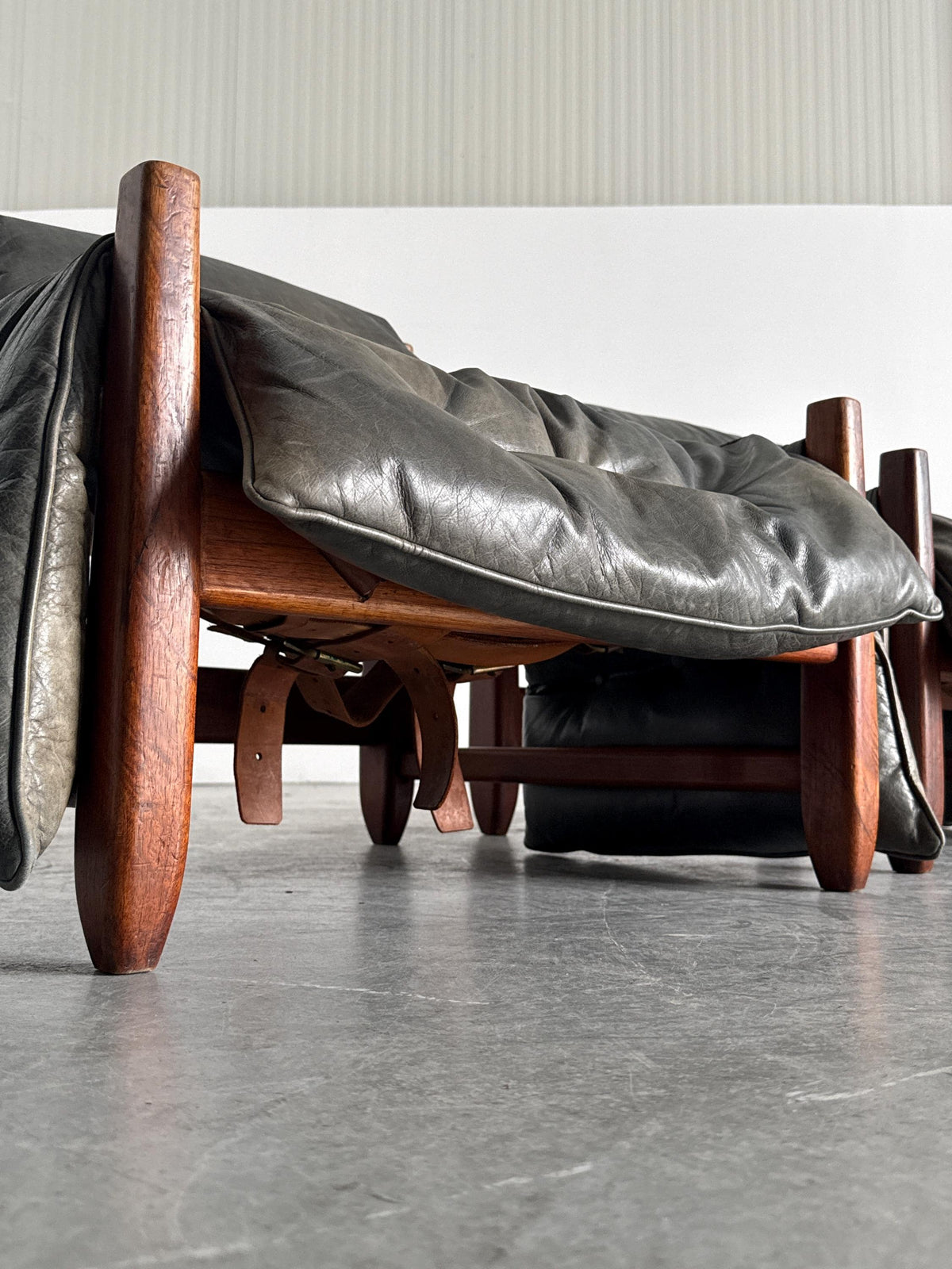 Brazilian Brutalist Hardwood Lounge Chairs in Charcoal Leather
