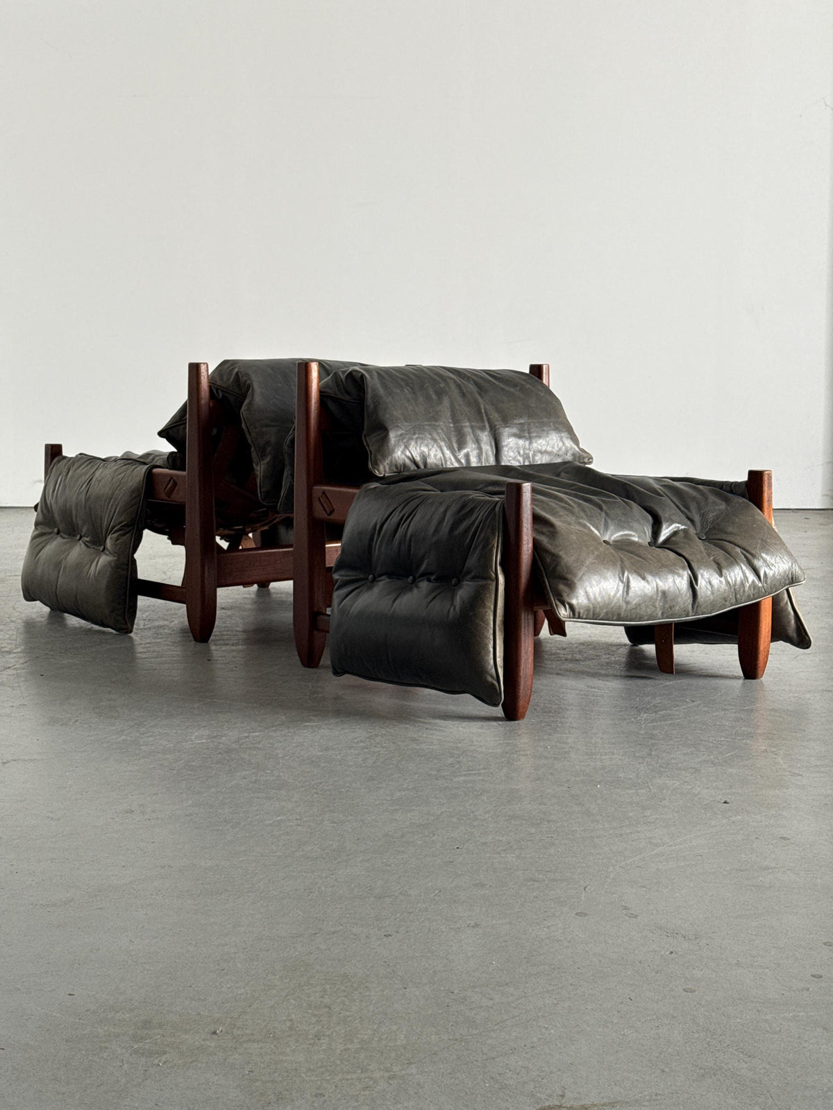 Brazilian Brutalist Hardwood Lounge Chairs in Charcoal Leather