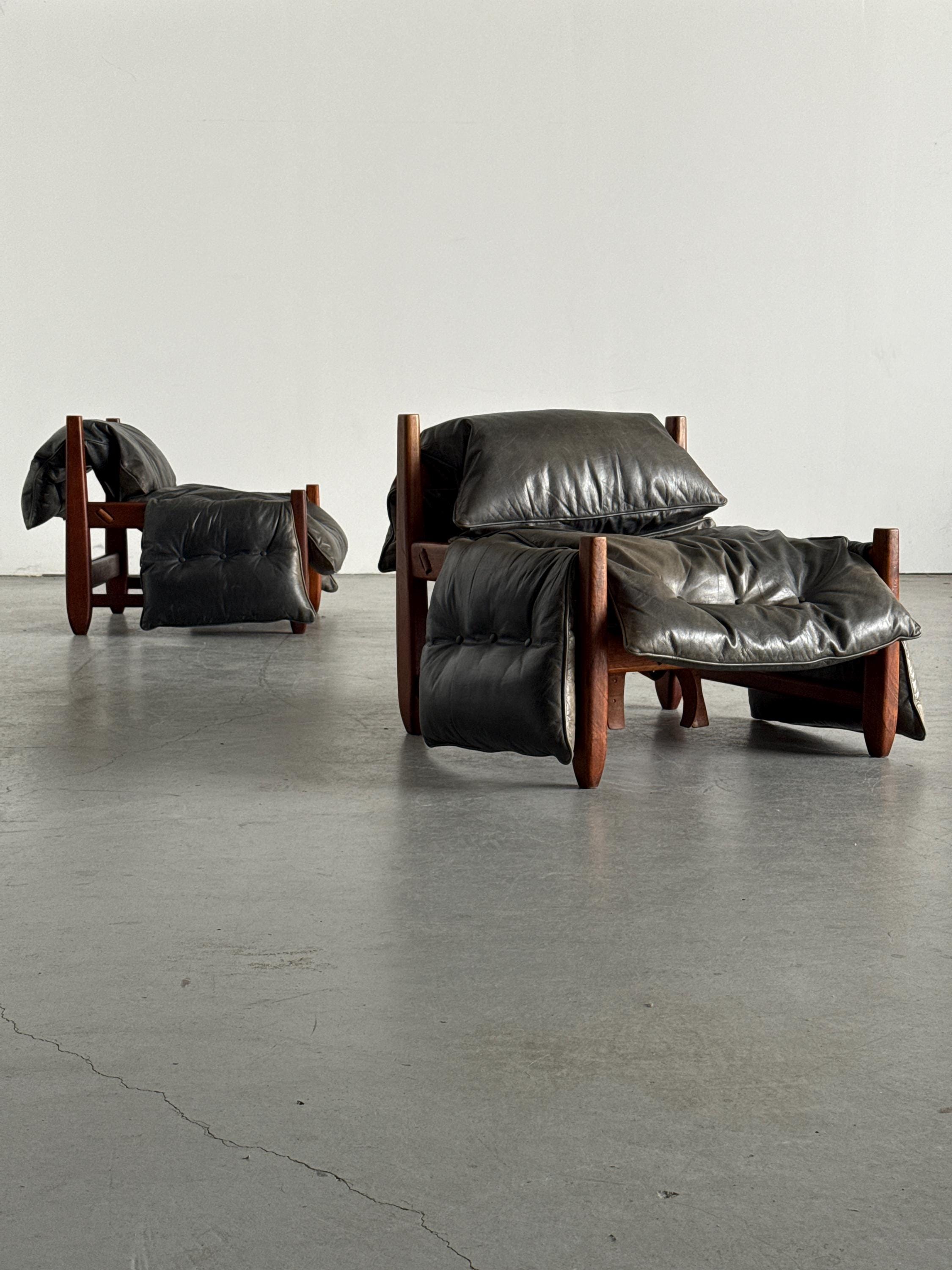 Brazilian Brutalist Hardwood Lounge Chairs in Charcoal Leather